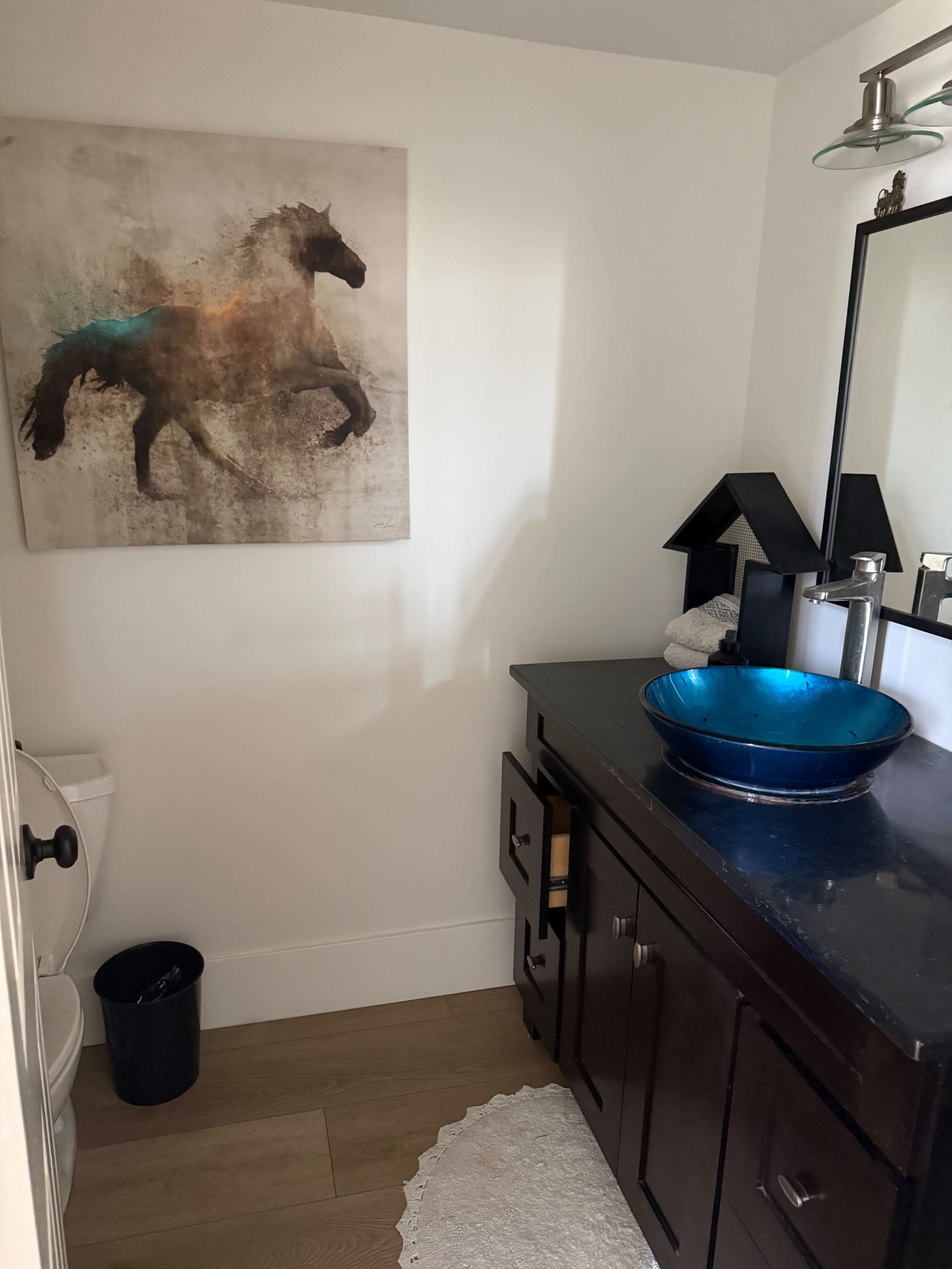 The image shows a small bathroom with a brown and blue horse painting on the wall, a black countertop with a blue basin, a mirror, and a toilet.