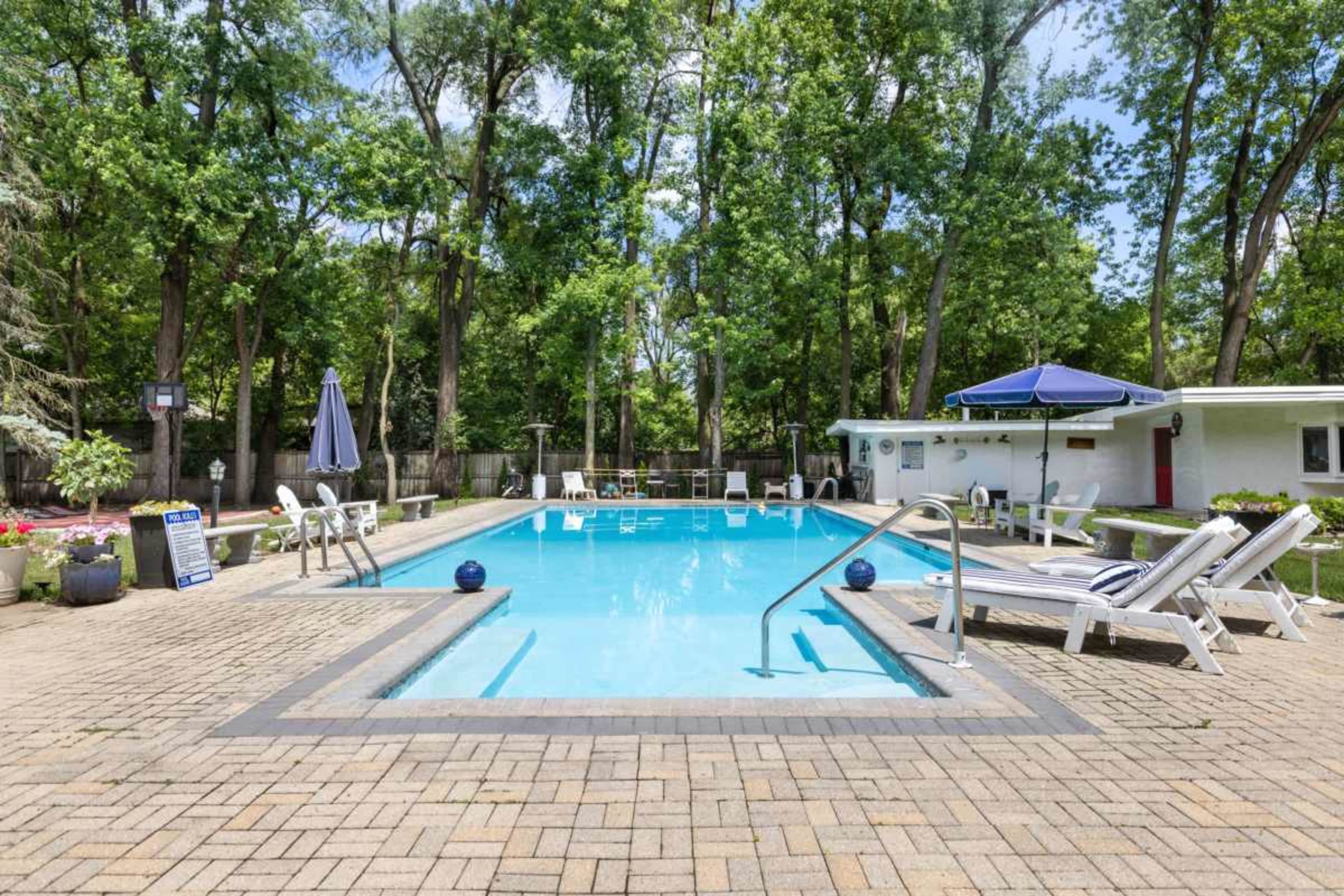 The image shows a swimming pool surrounded by lounge chairs and umbrellas, with lush green trees lining the background.