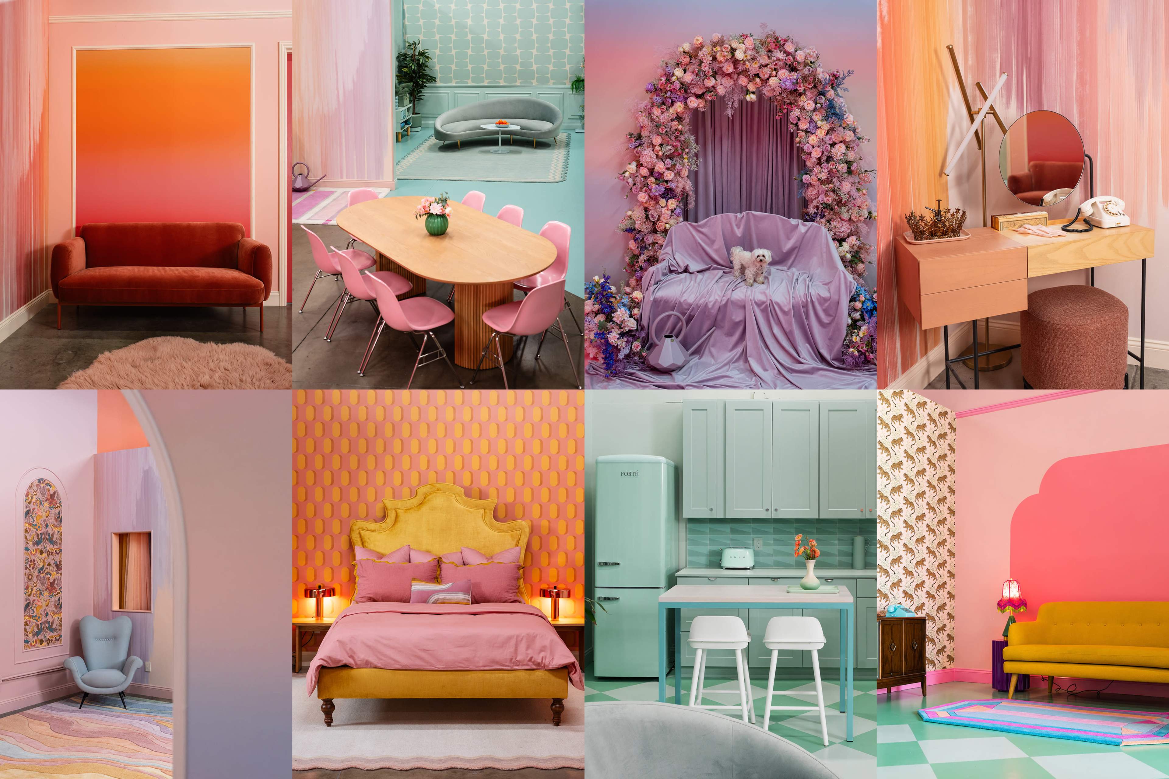 The image features a collage of various interior design scenes, each showcasing a distinct color palette and arrangement, including living spaces, dining areas, and bedrooms.