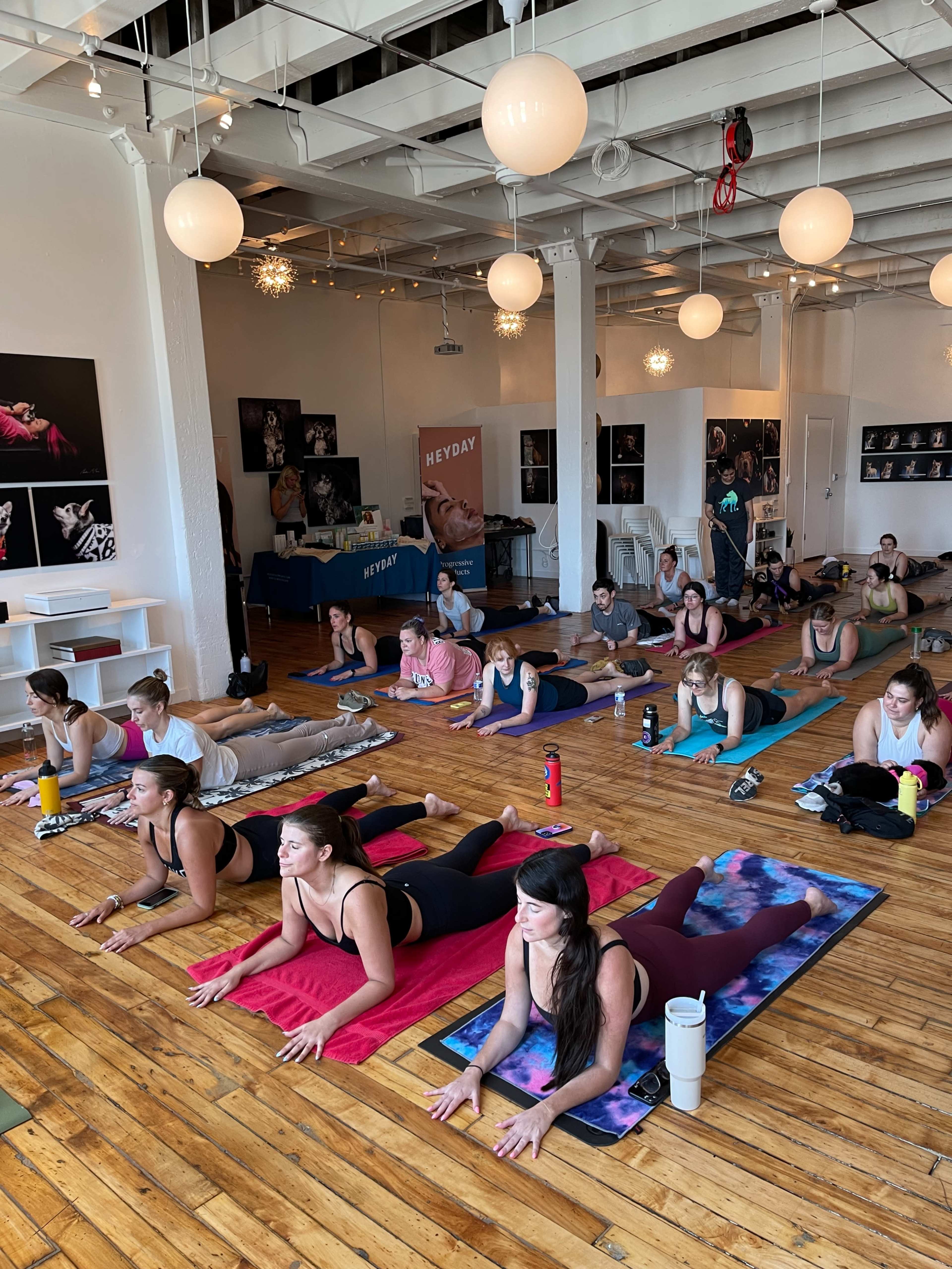 A group of individuals practice yoga on mats in a brightly lit studio with wooden floors and art on the walls.