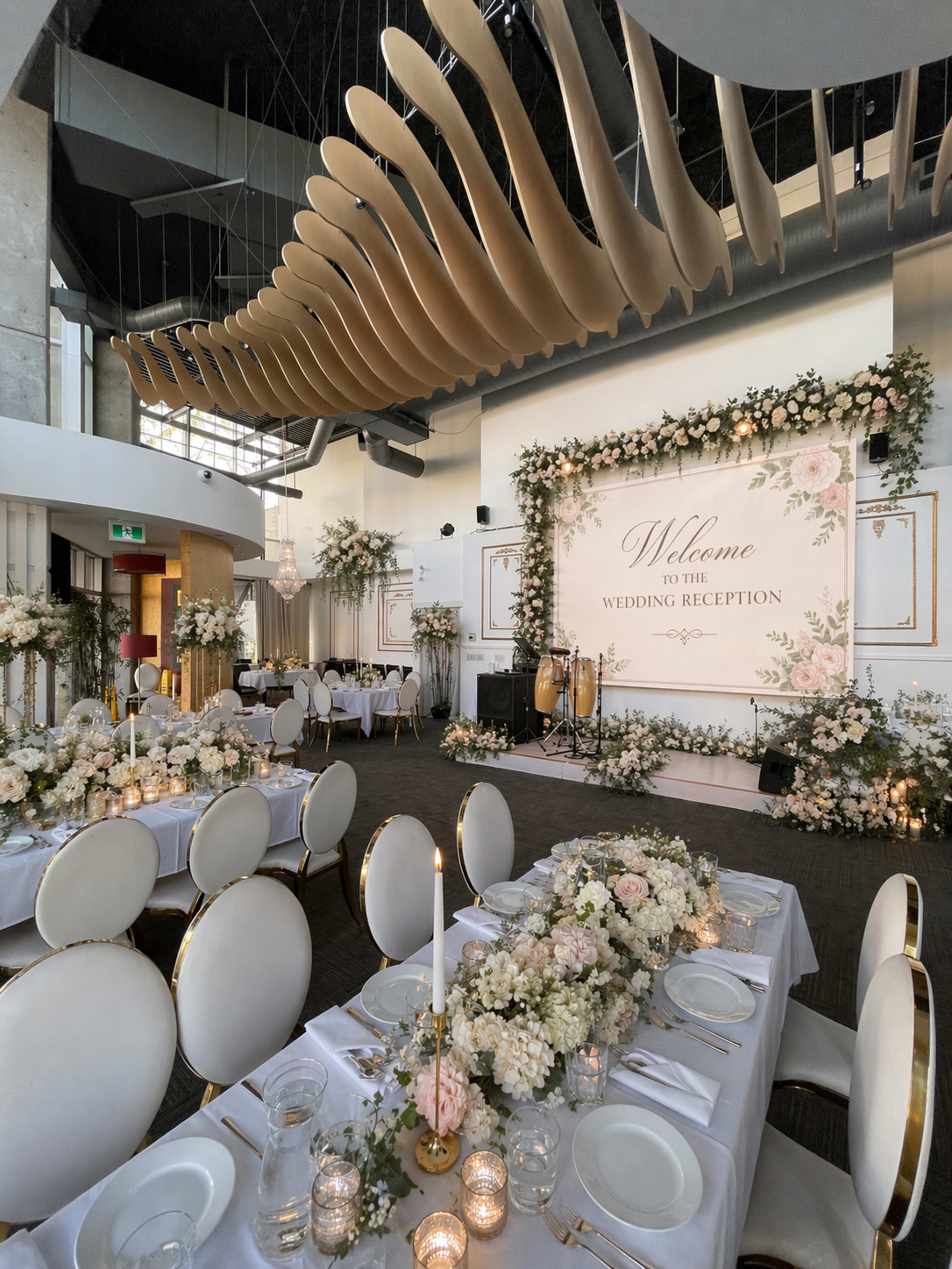 A beautifully arranged wedding reception hall features elegant tables adorned with floral centerpieces and candles, set against a backdrop of a welcome sign and decorative greenery.