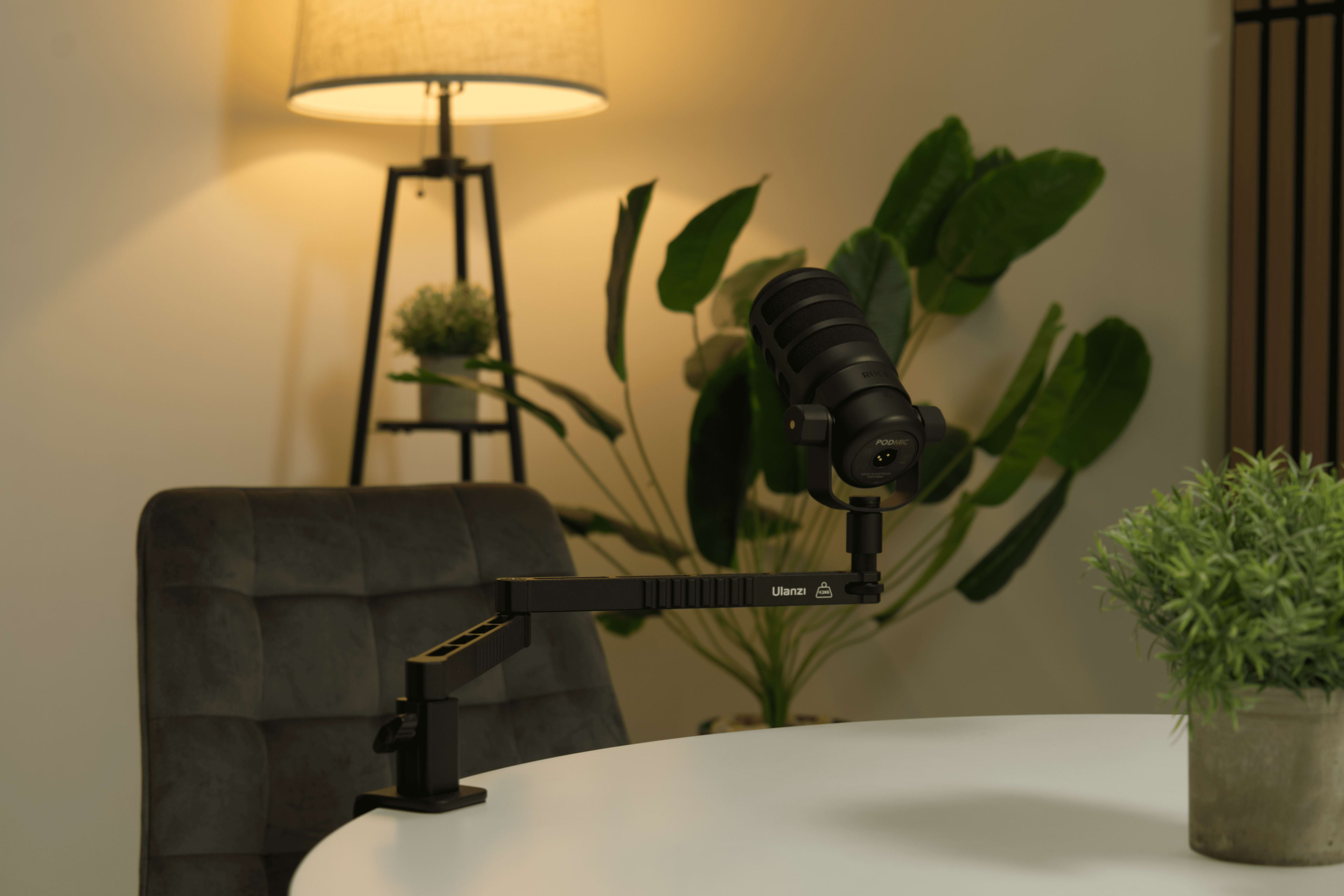 A black microphone is mounted on an adjustable arm beside a round table, with a lamp and potted plants in the background.