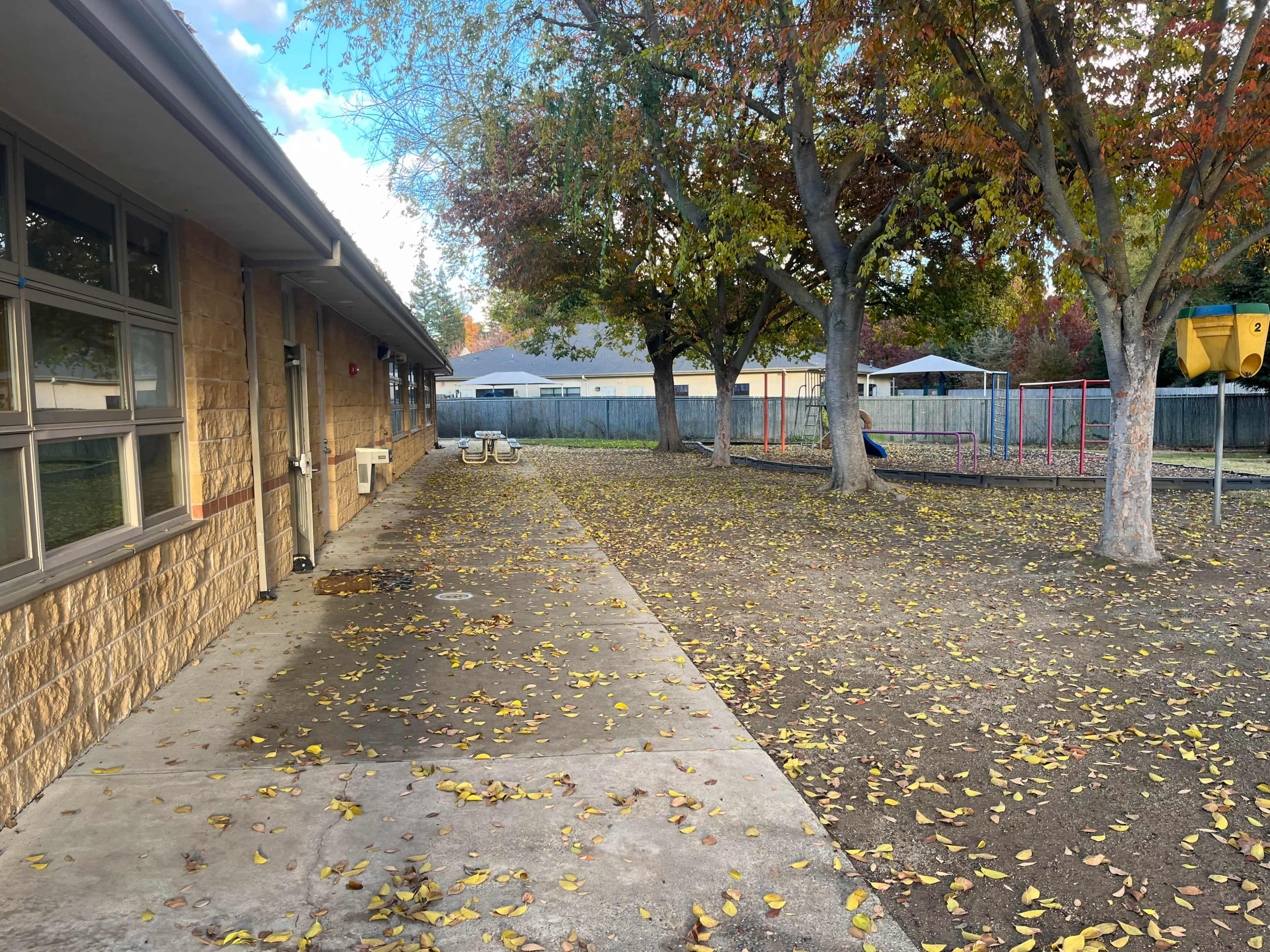 The image shows a concrete pathway lined with trees shedding autumn leaves, leading to a playground area in the background with swings and a slide.