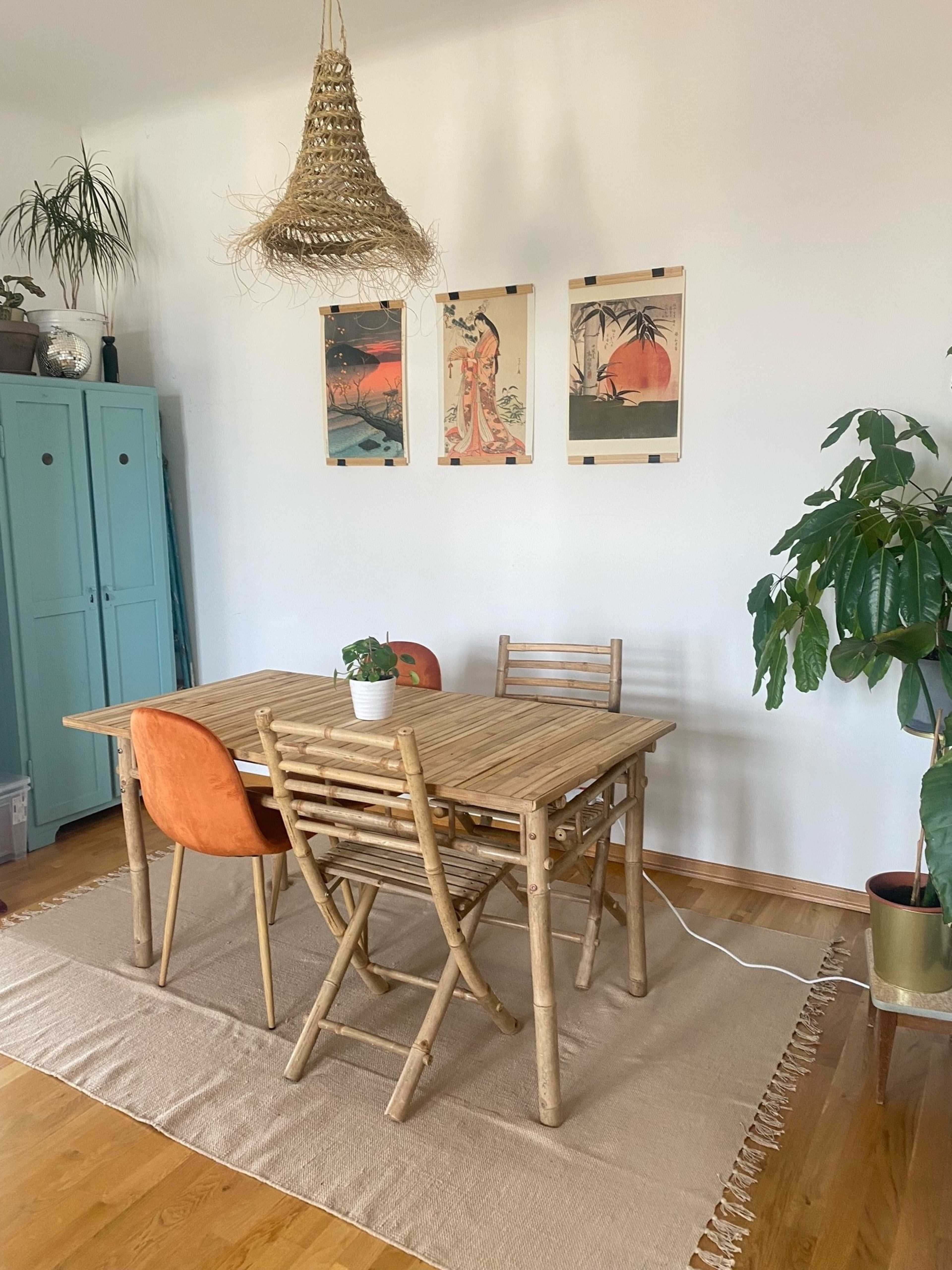 A wooden dining table surrounded by folding chairs sits on a beige rug in a well-lit room adorned with plants and framed artwork.