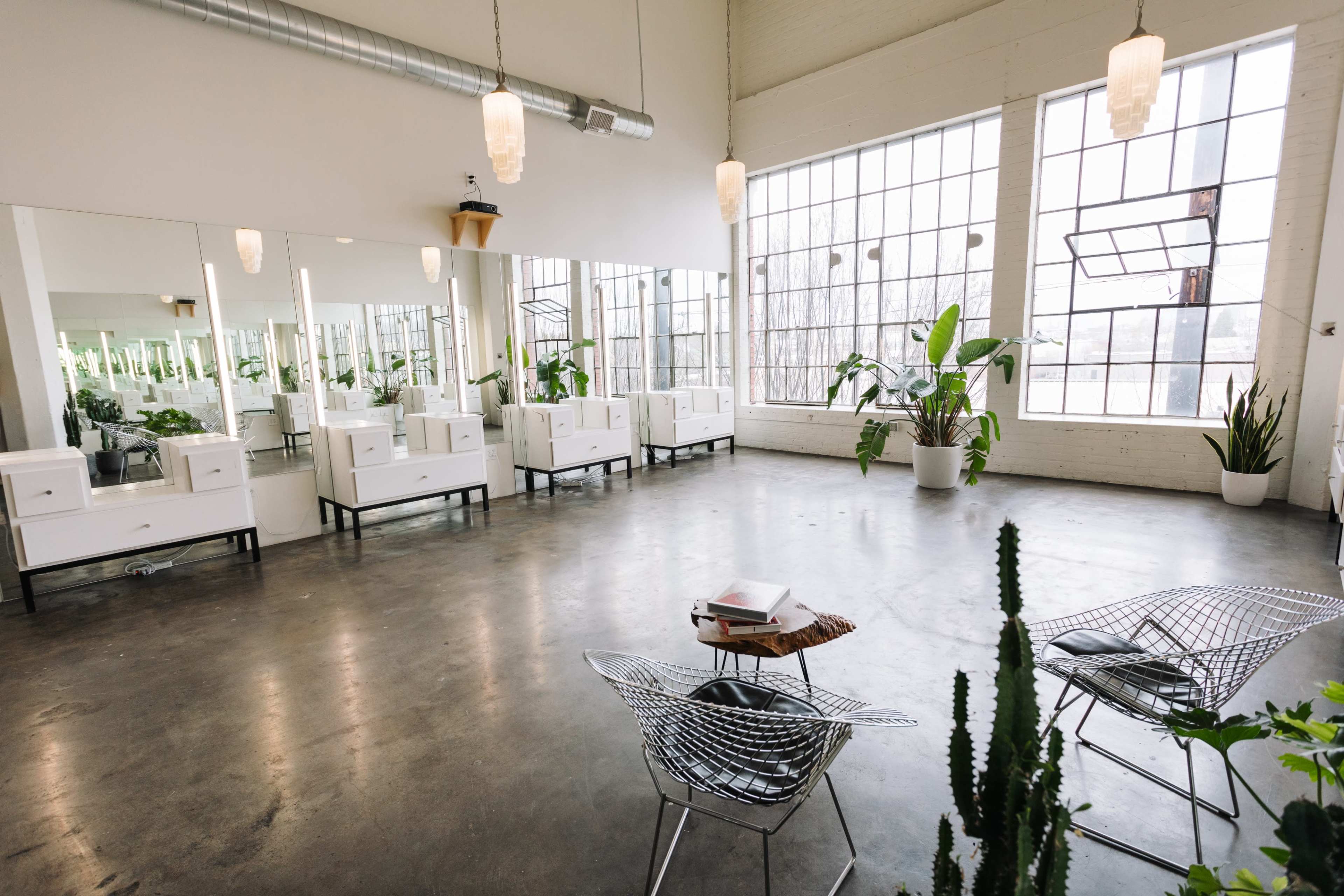 A spacious interior features large windows, minimalist furniture, and potted plants.