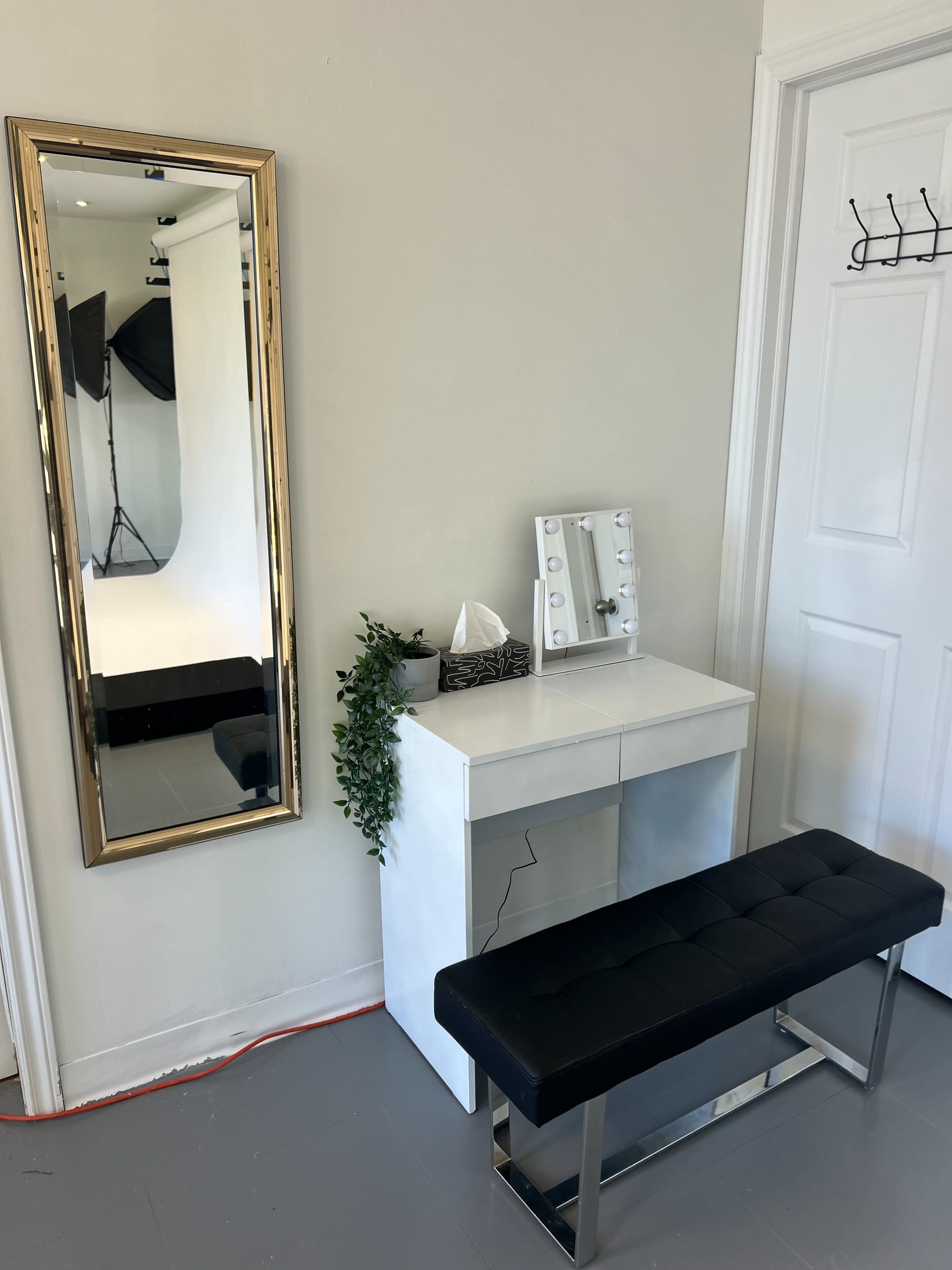 The image shows a modern vanity with a mirror, a black upholstered bench, and a decorative plant against a plain wall.