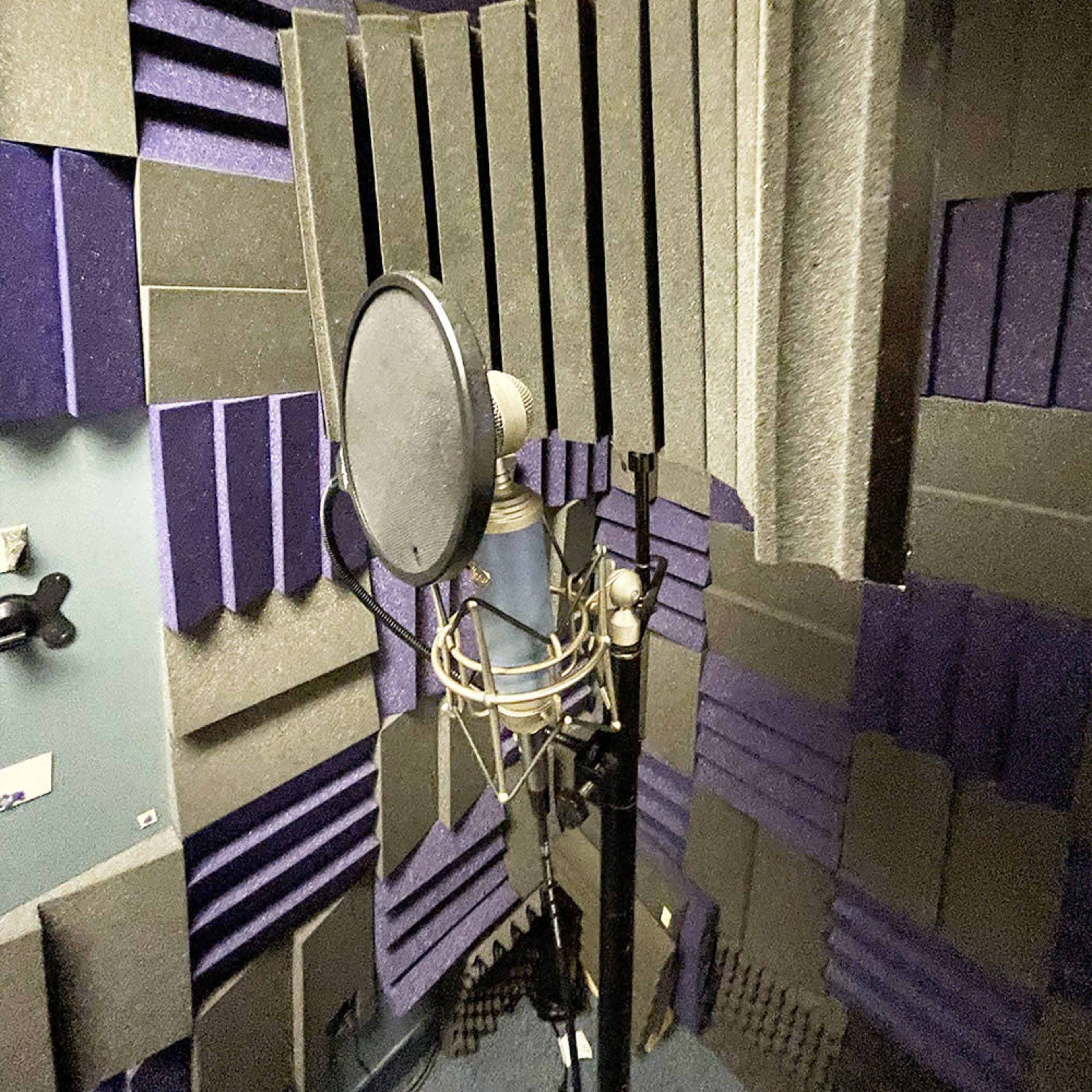 The image shows a recording booth with acoustic foam panels and a microphone on a stand.