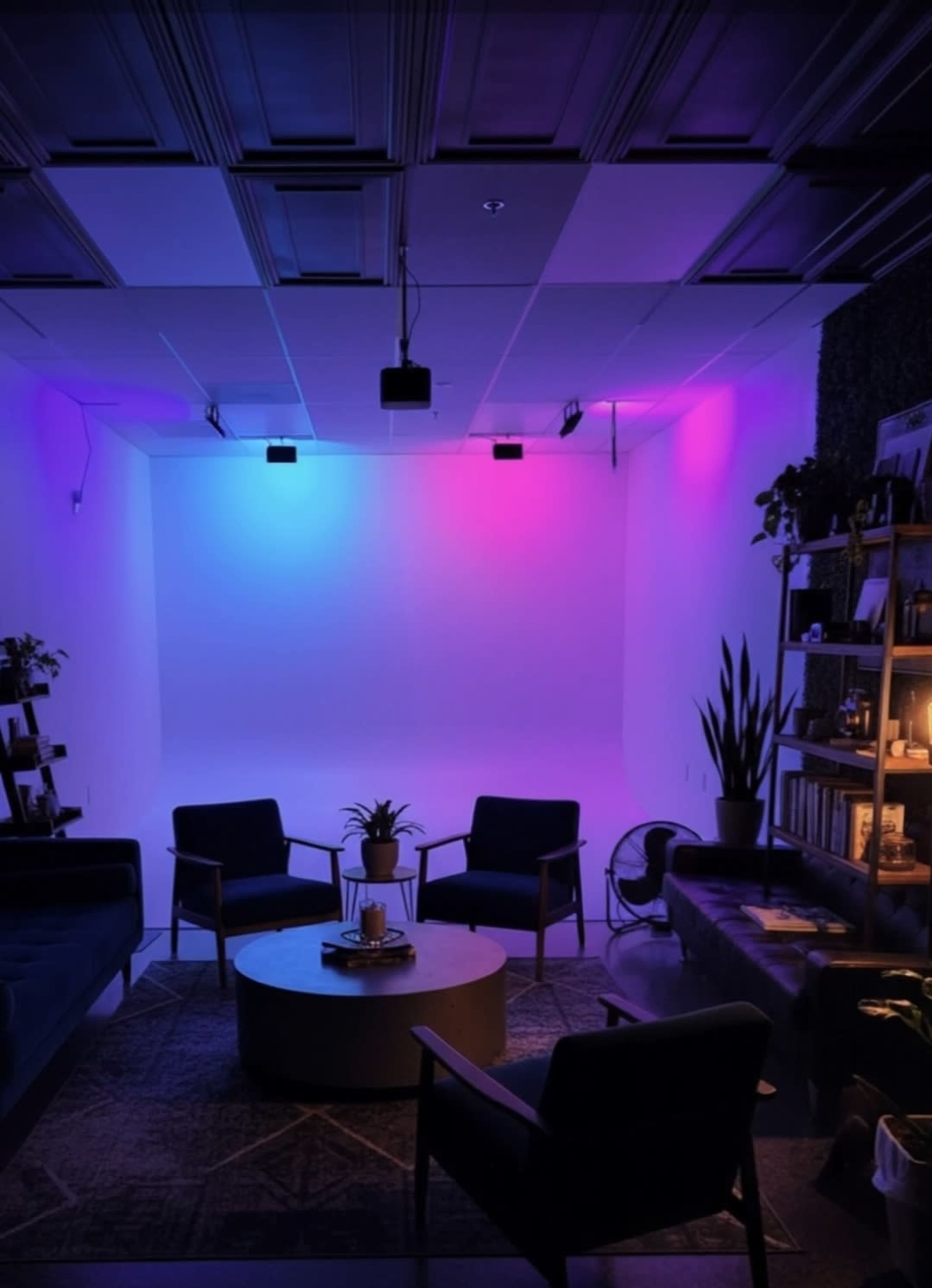 The image shows a modern studio space with four chairs arranged around a circular table, illuminated by colorful lighting and adorned with plants and shelves.