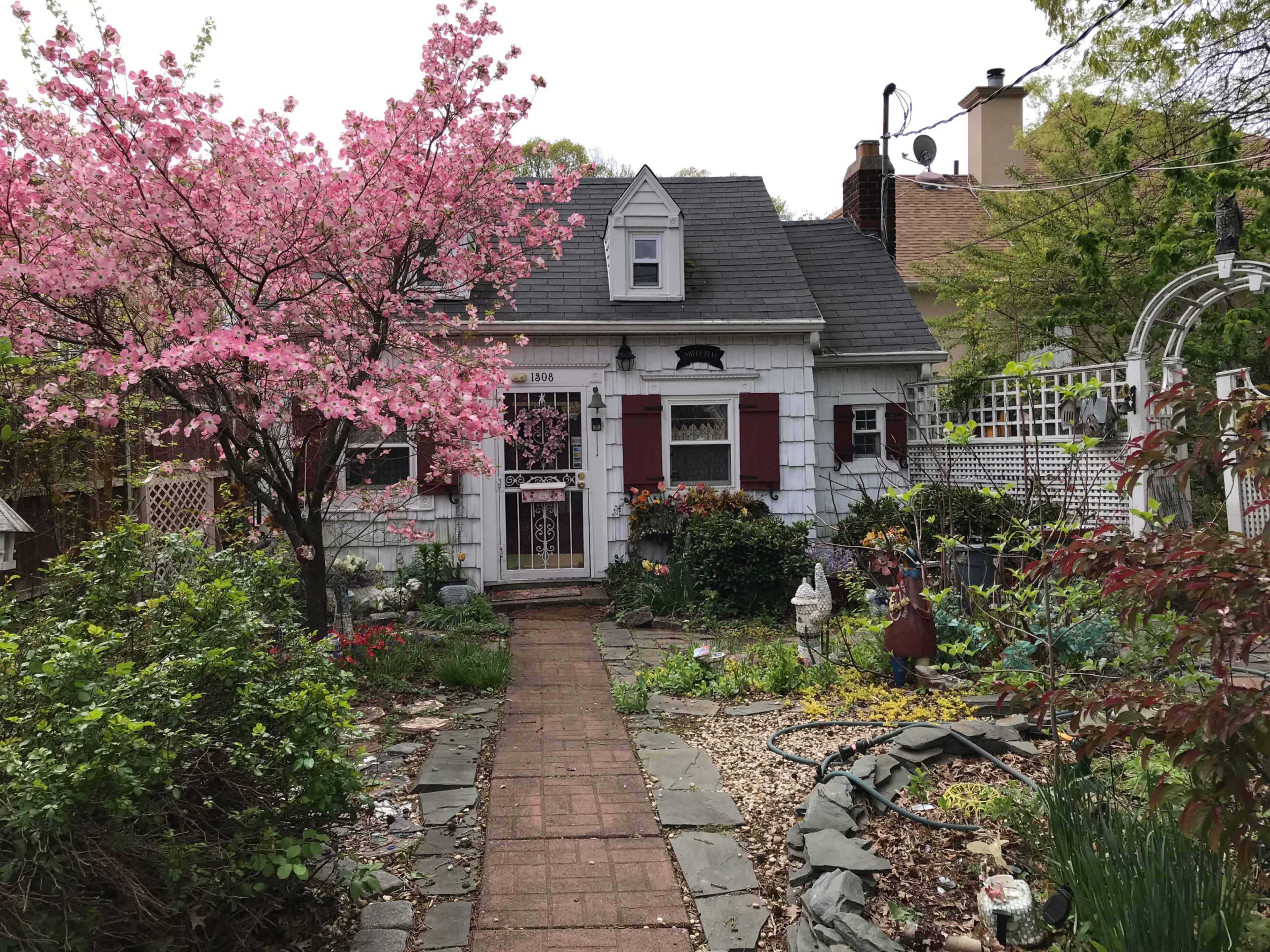 A small, white cottage with a gray roof is surrounded by a garden featuring blooming pink trees and various plants along a brick walkway.