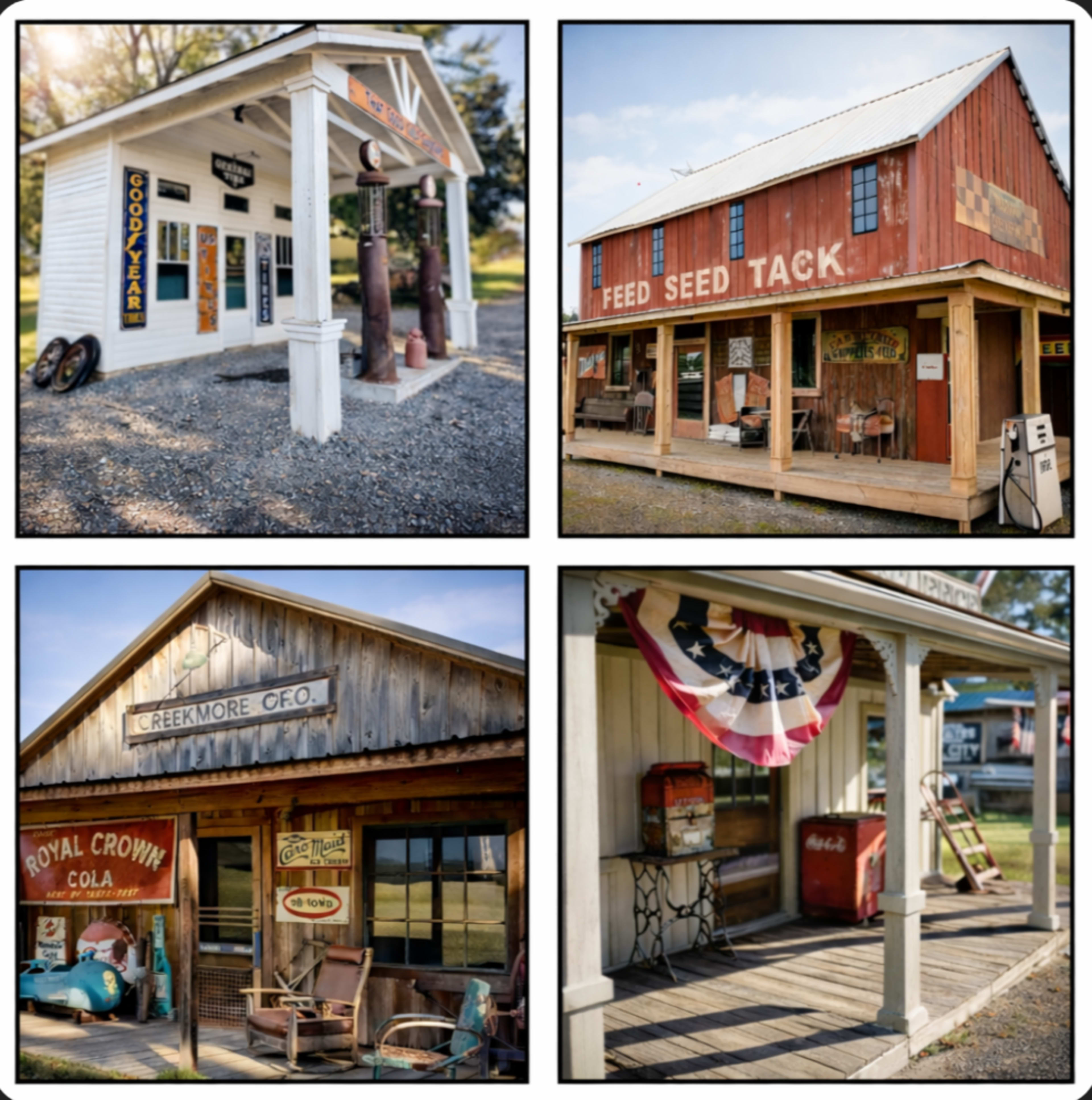 The image features four vintage storefronts, each showcasing distinct architectural styles and signage, reflecting a nostalgic rural setting.