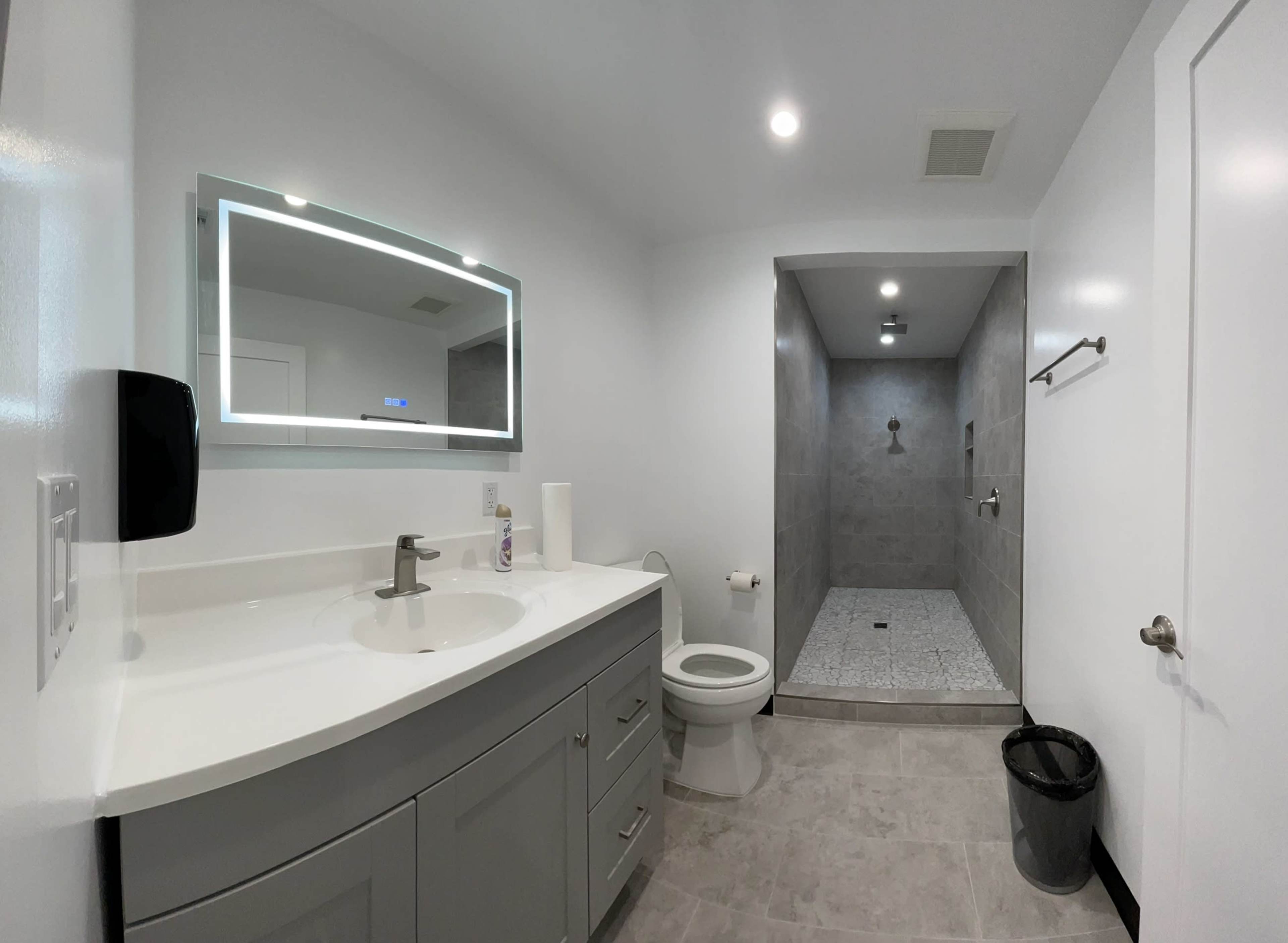 A modern bathroom featuring a sleek vanity with a mirror, a toilet, and a walk-in shower with gray tile.