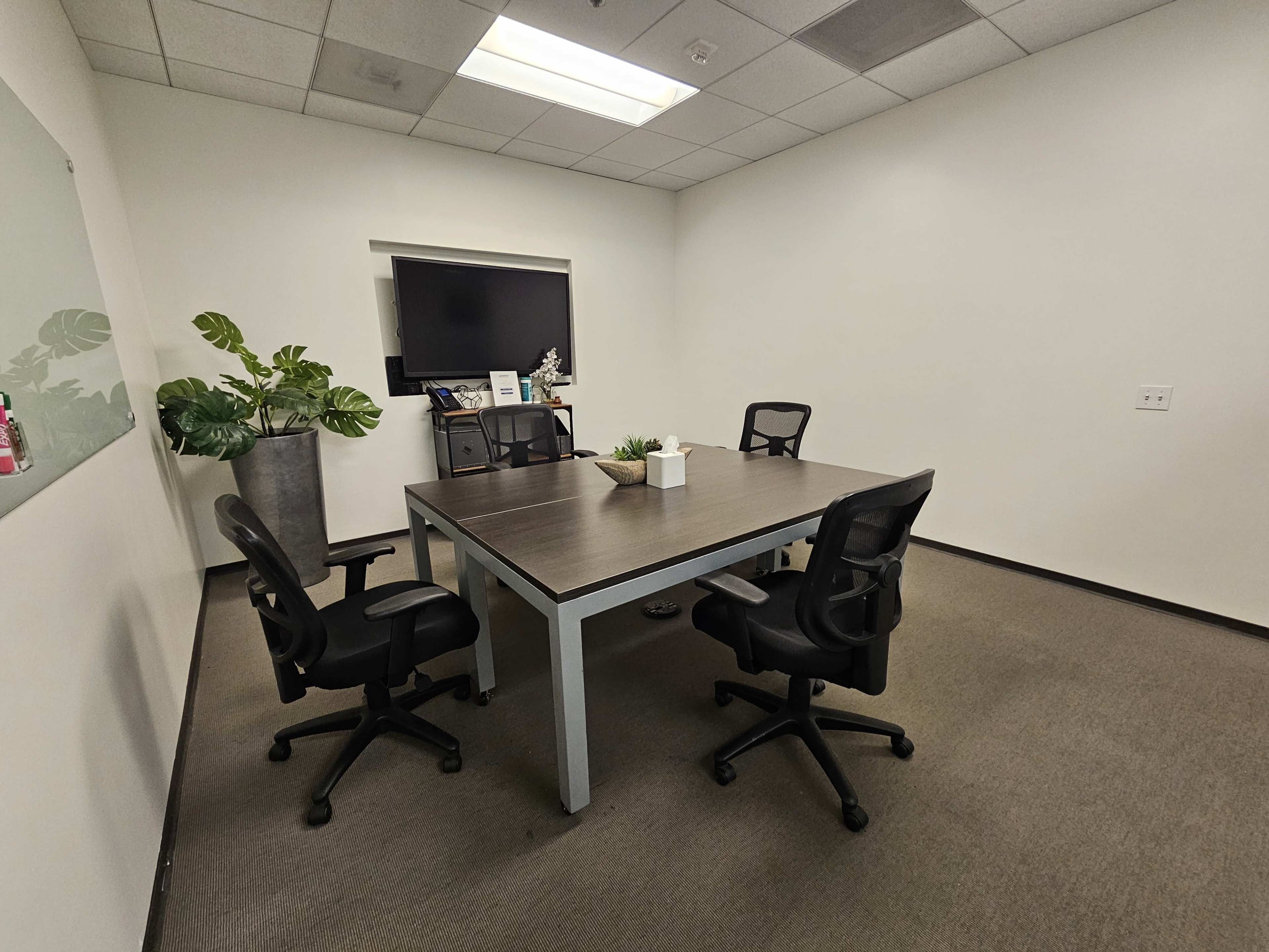 The image shows a simple meeting room with a rectangular table, four office chairs, a large TV mounted on the wall, and a potted plant in the corner.