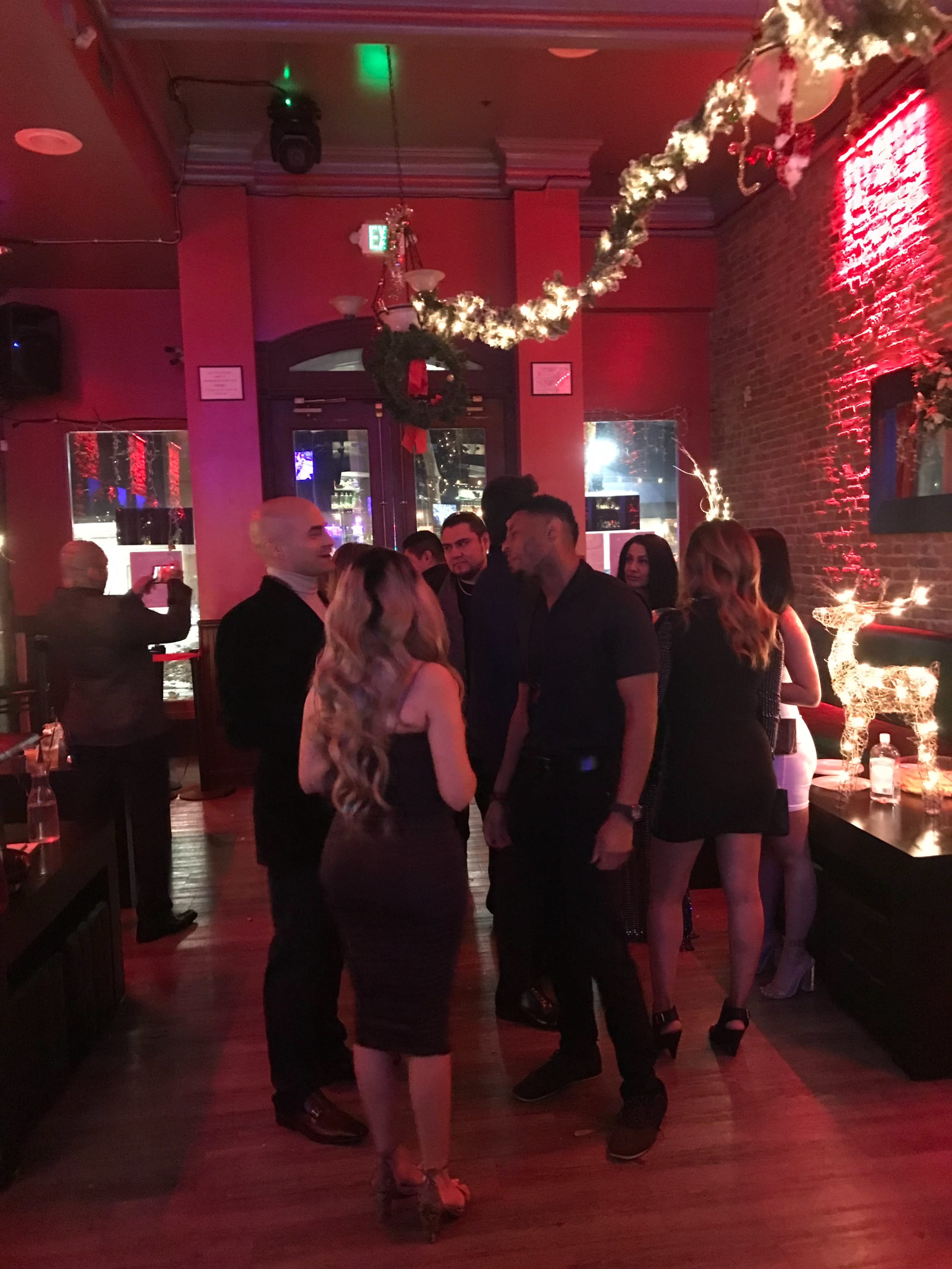 A group of people socialize in a dimly lit bar decorated with festive lights and garlands.