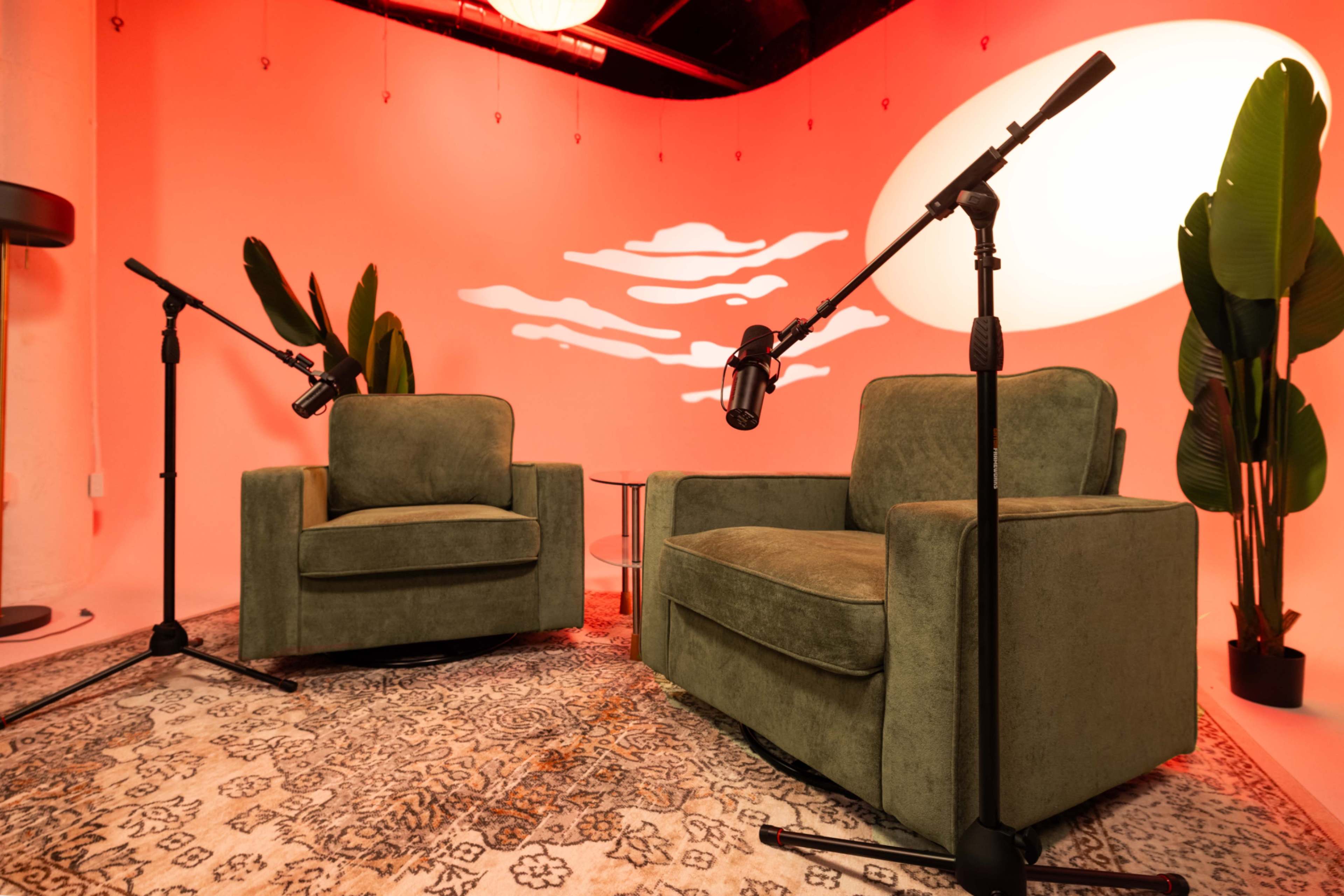 The scene features two green chairs with microphones positioned in front of them, set against a pink wall decorated with cloud-shaped shadows and a small plant in the background.