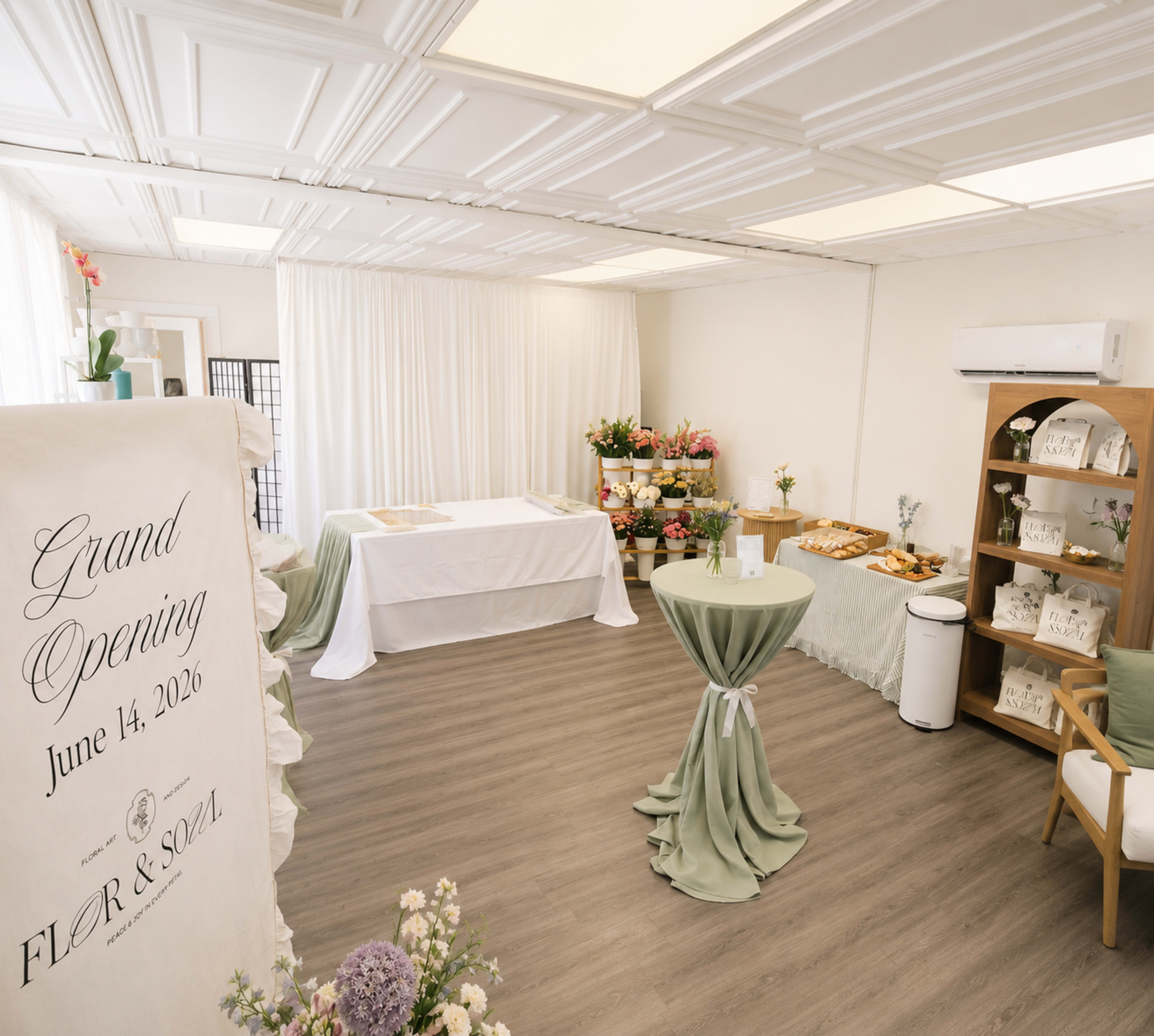 The image shows a decorated room set up for a grand opening, featuring a table with refreshments, floral arrangements, and a welcome sign.