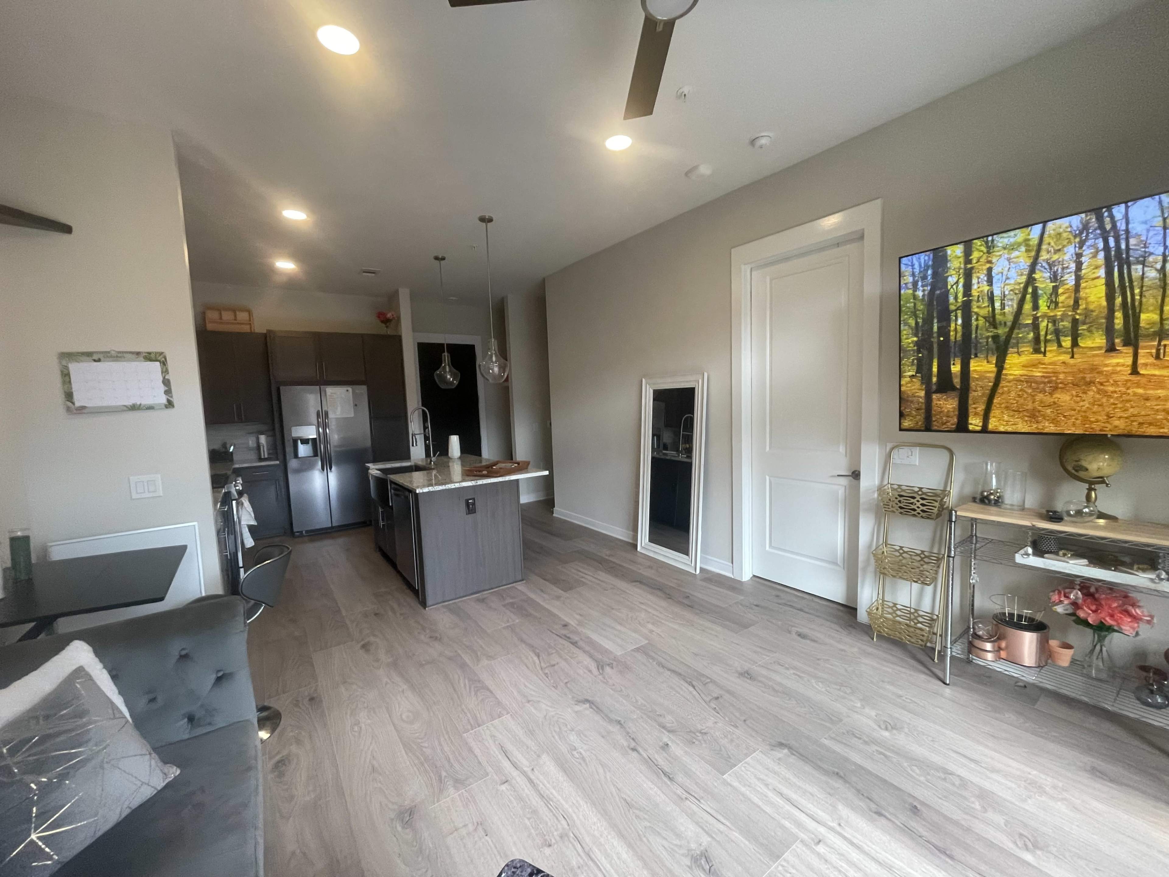 The image shows a modern kitchen and living area with gray cabinetry, a central island, and a large wall-mounted television displaying a nature scene.