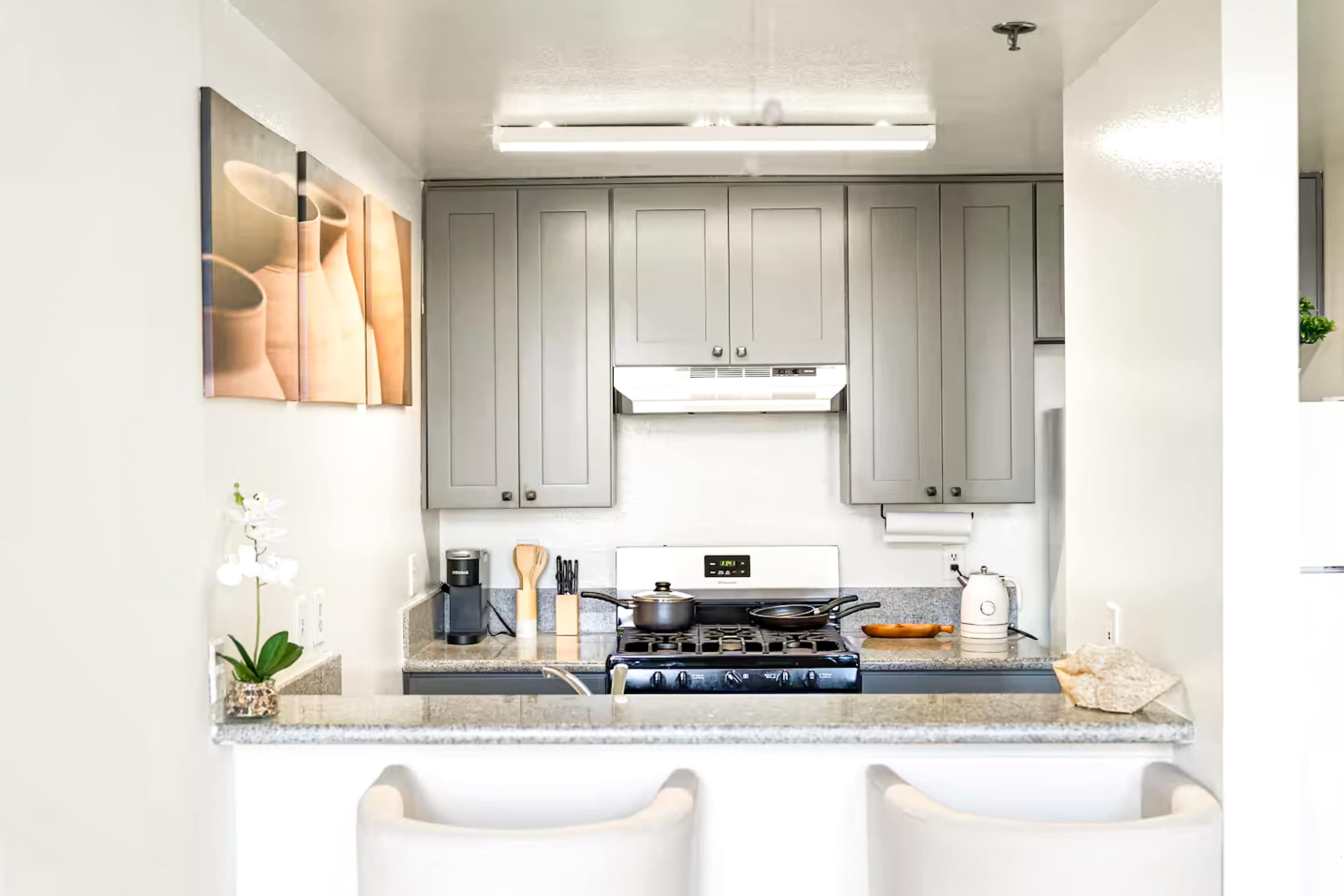A modern kitchen features gray cabinets, a granite countertop, and stainless steel appliances, with a breakfast bar and decorative elements like an orchid and a framed art piece on the wall.