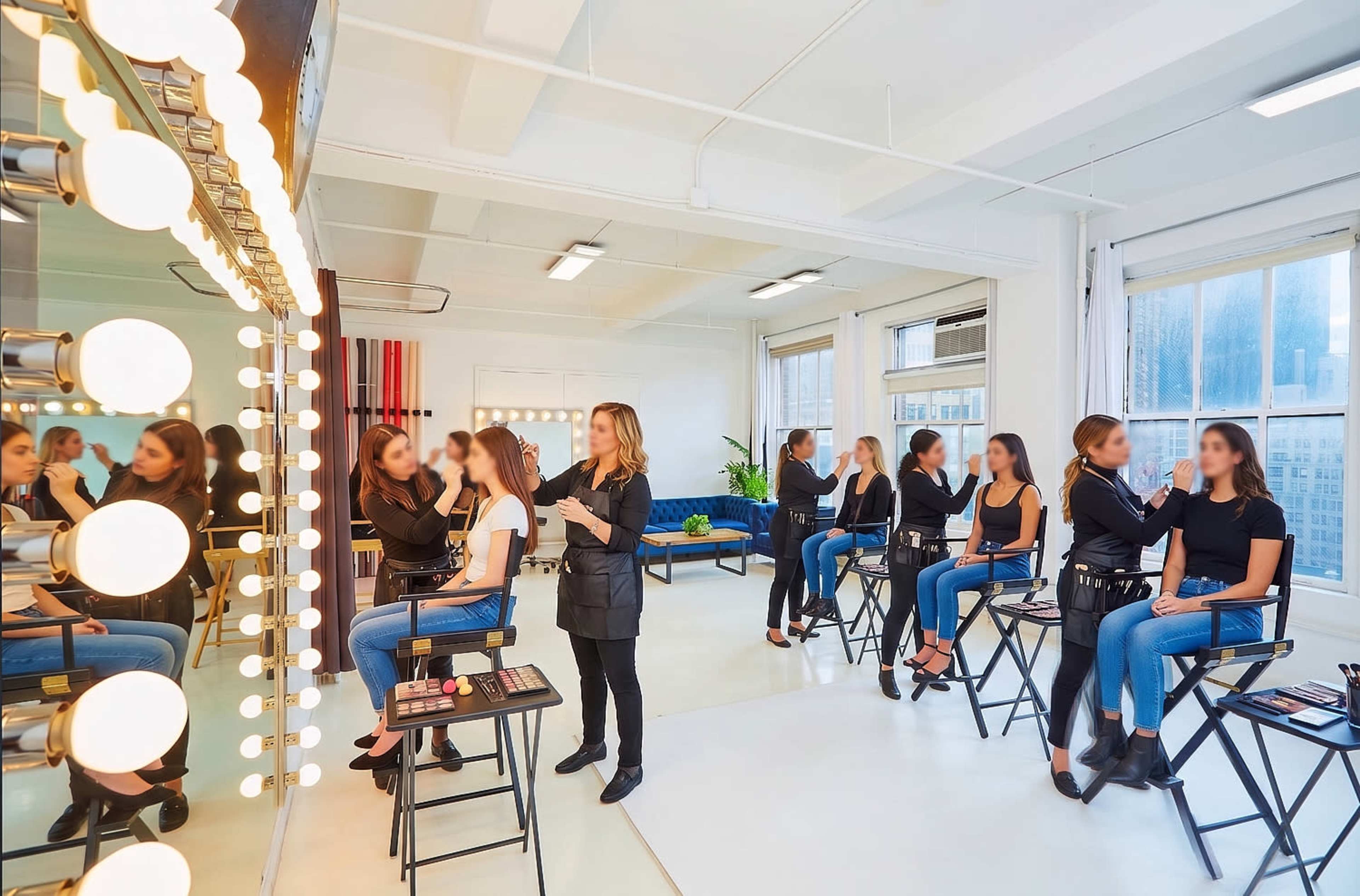 The image shows a bright makeup studio with several women seated in makeup chairs, while a stylist applies makeup to one of them.