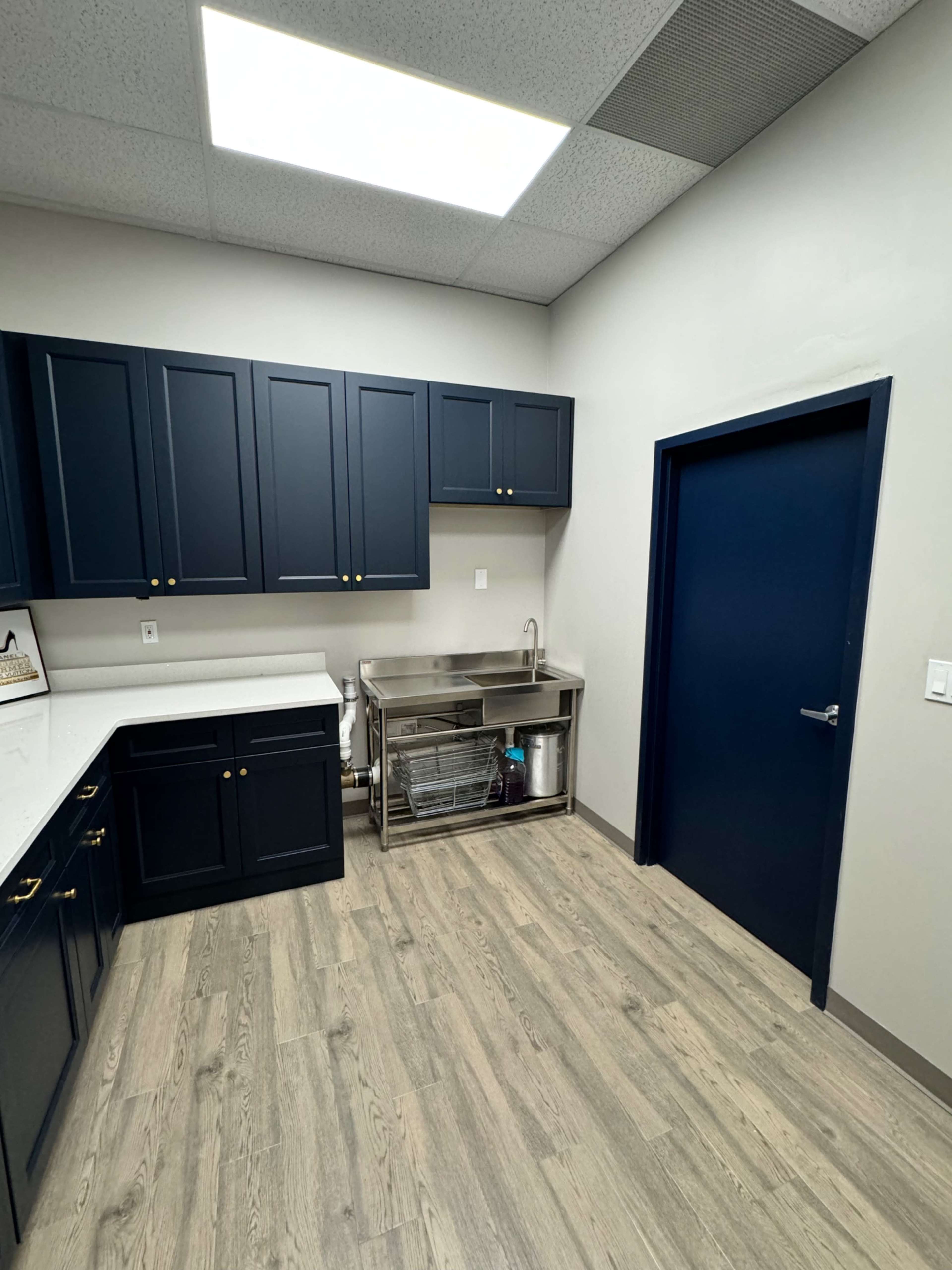 A modern kitchen with navy blue cabinets, a stainless steel sink, and light wood flooring.