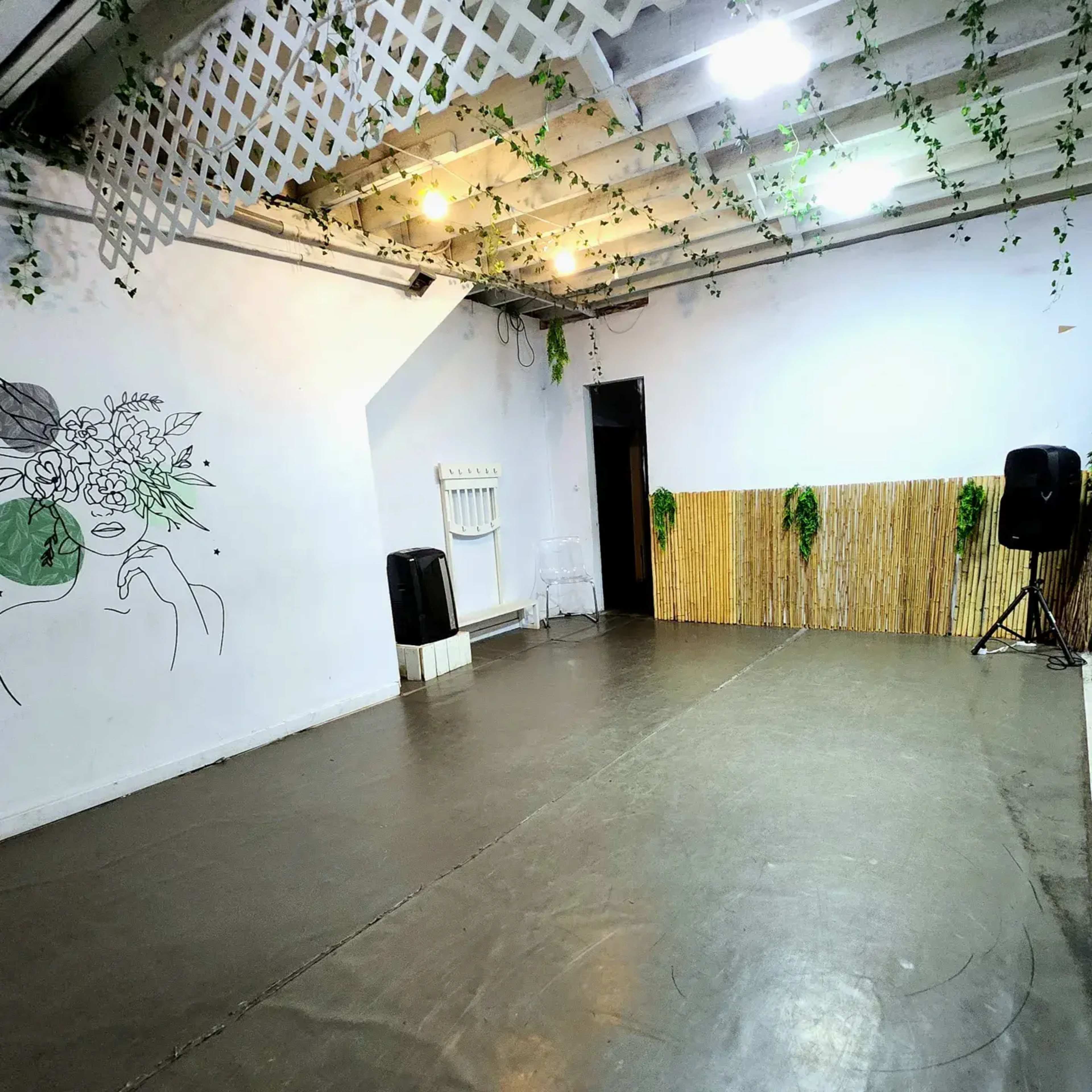 A spacious room with a concrete floor, decorated with hanging plants, a wall mural of a face, and a bamboo partition.