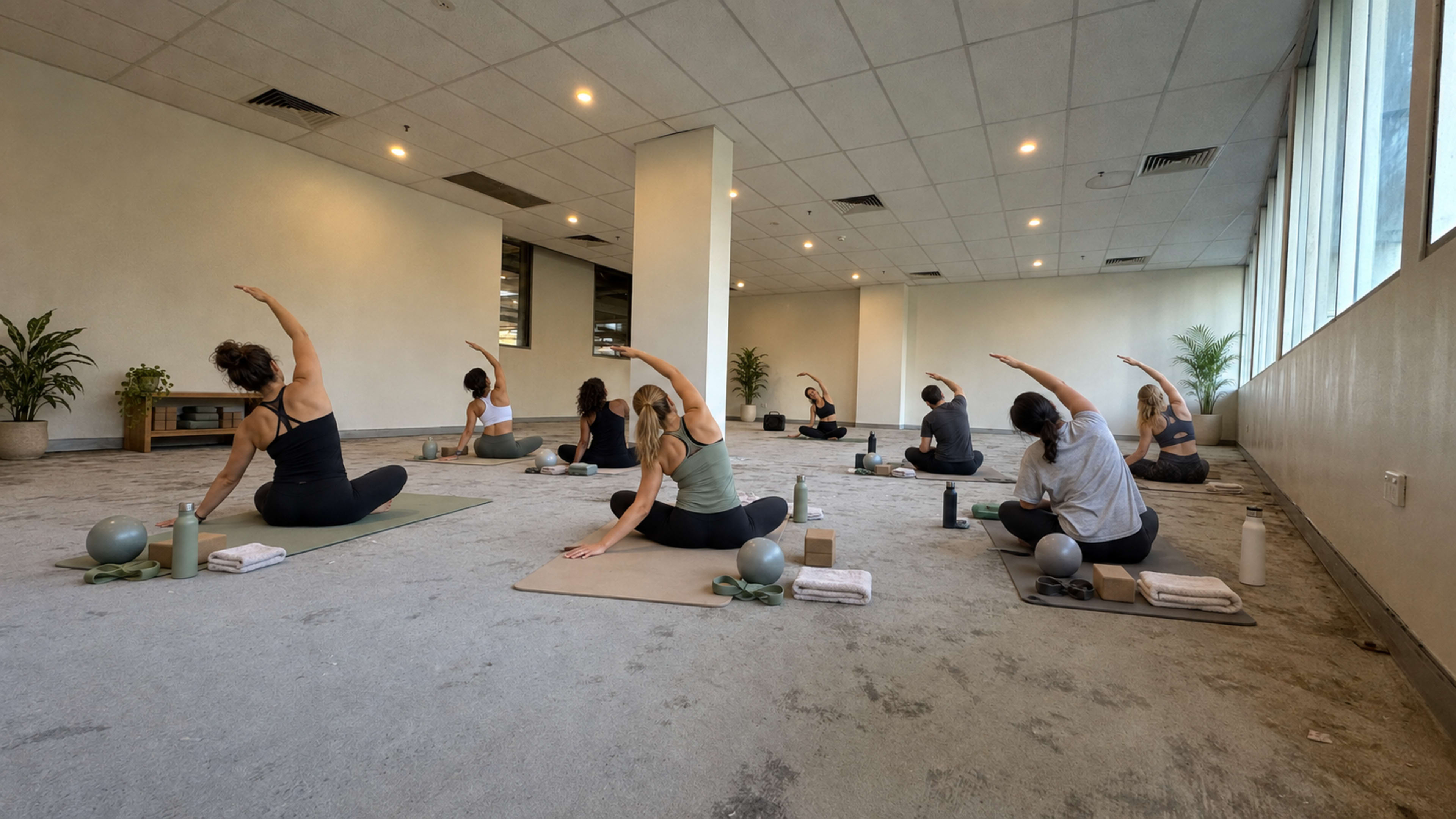 A group of people is participating in a yoga class in a spacious, well-lit studio with plants and mats placed on the floor.