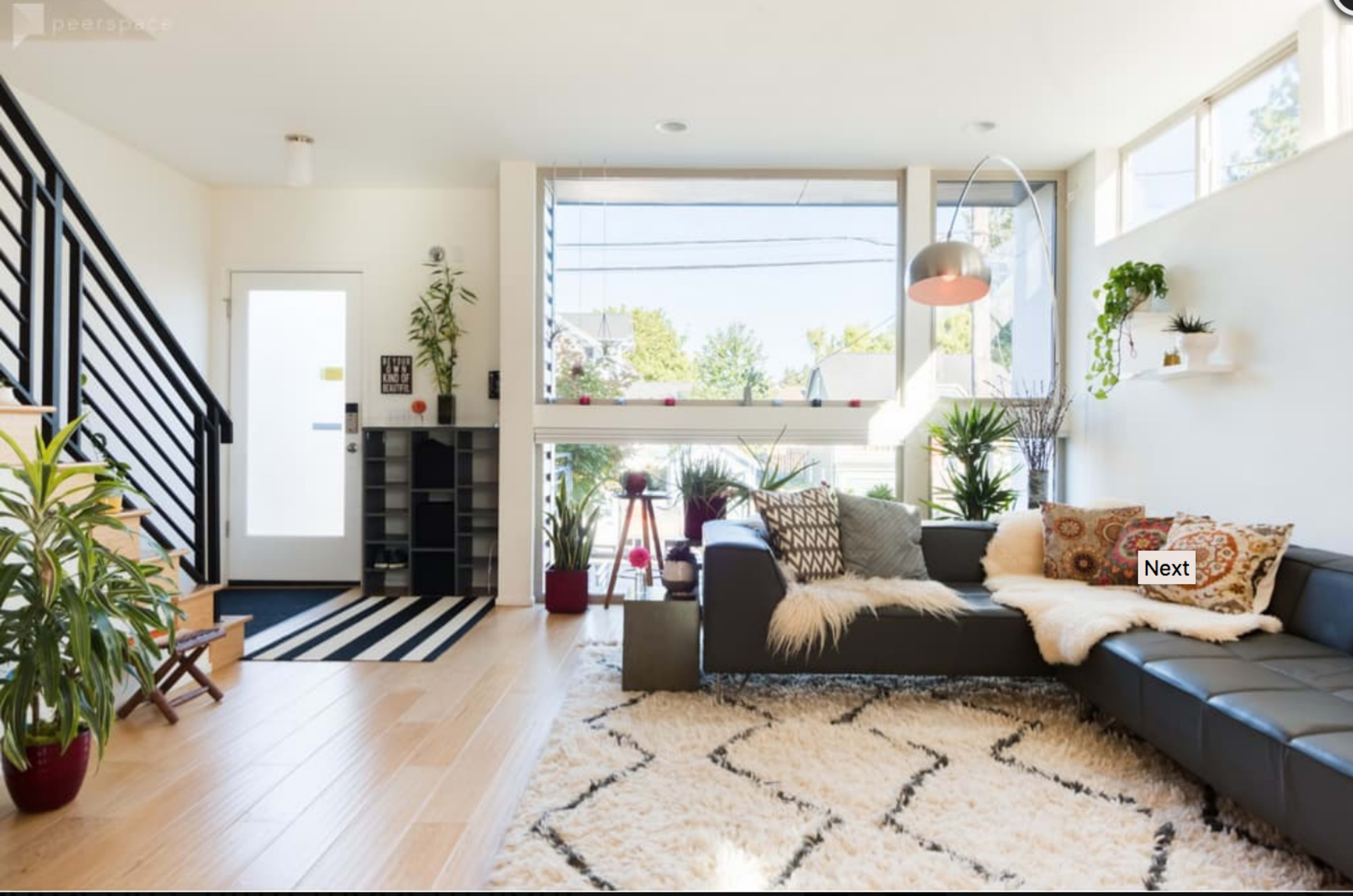 A modern living room featuring a leather sectional sofa, a large window, a patterned area rug, and various indoor plants.