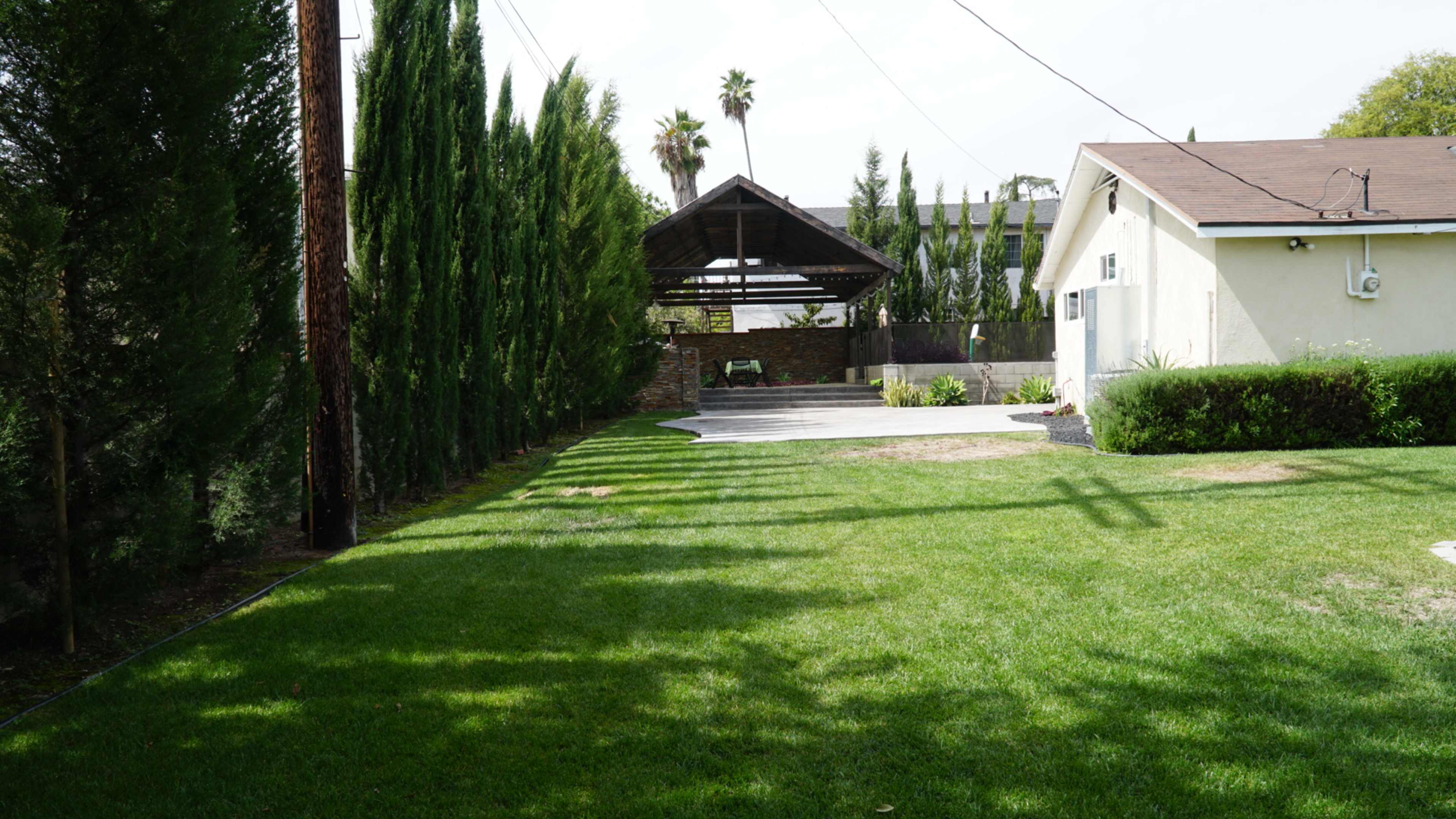 A neatly trimmed lawn bordered by tall, slender trees, with a covered patio area and a house visible in the background.