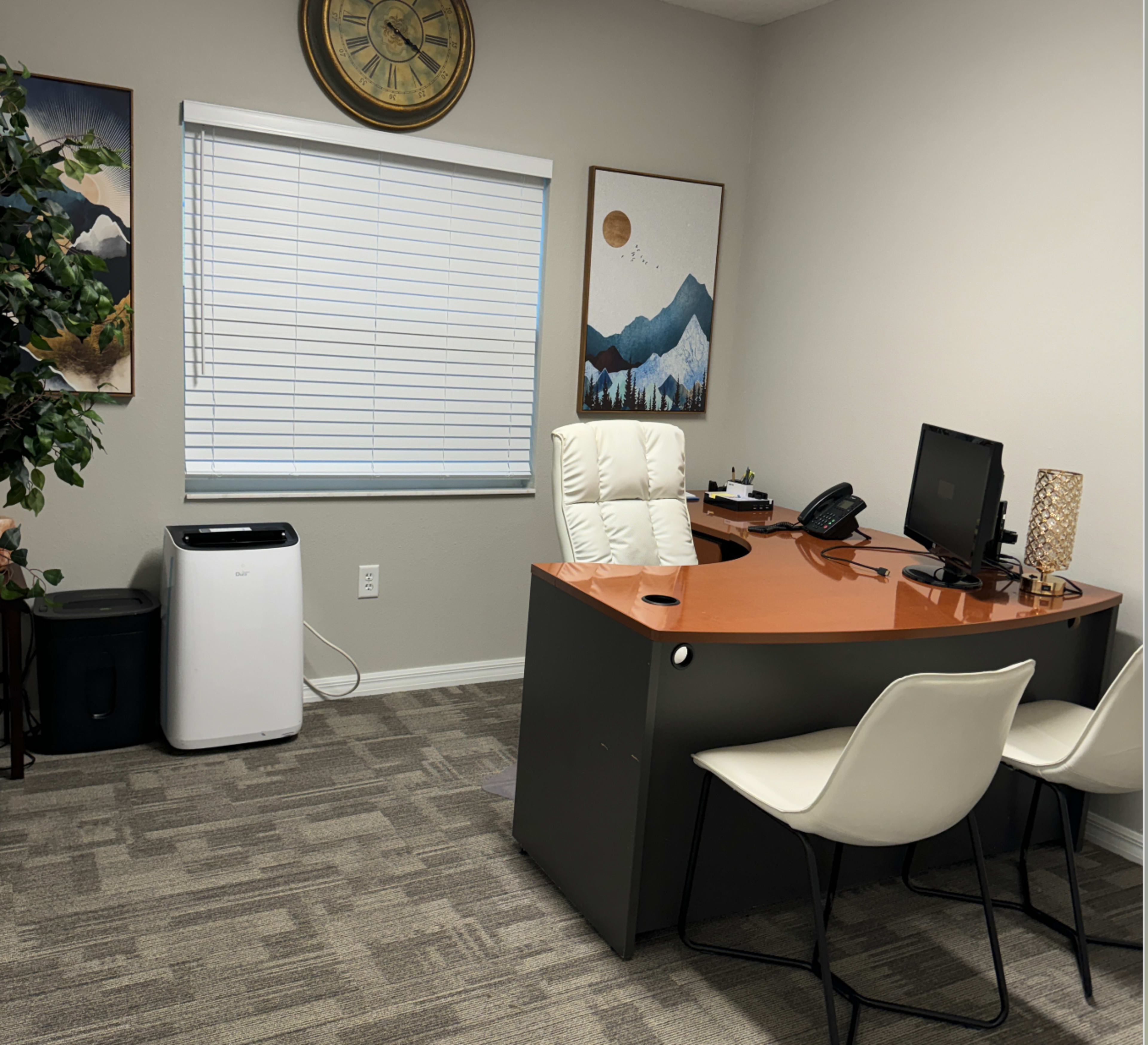 The image shows a modern office space featuring a desk with a computer, a two-tone ergonomic chair, and two white chairs, along with a window, a plant, and a small air purifier.