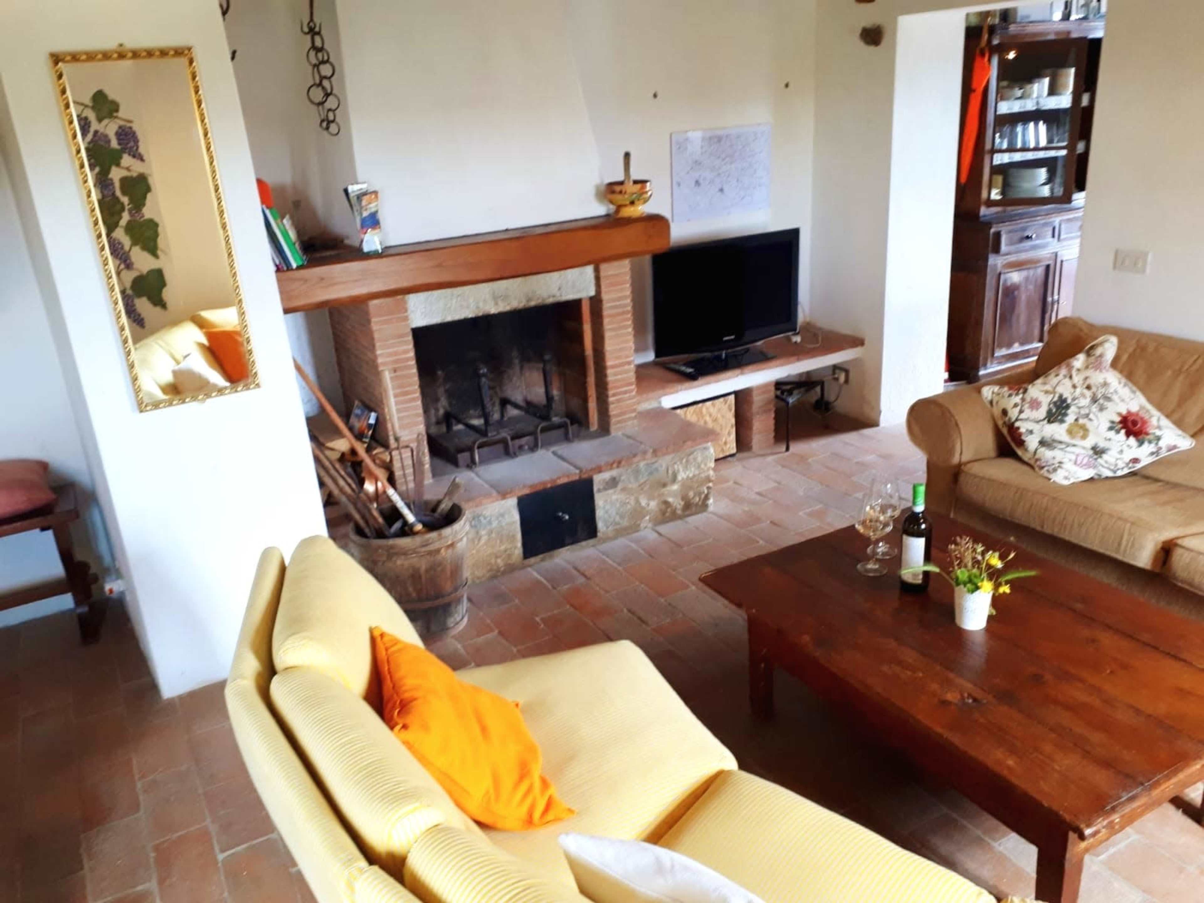 The image shows a cozy living room with a fireplace, a television, a wooden coffee table, and beige sofas arranged around the space.