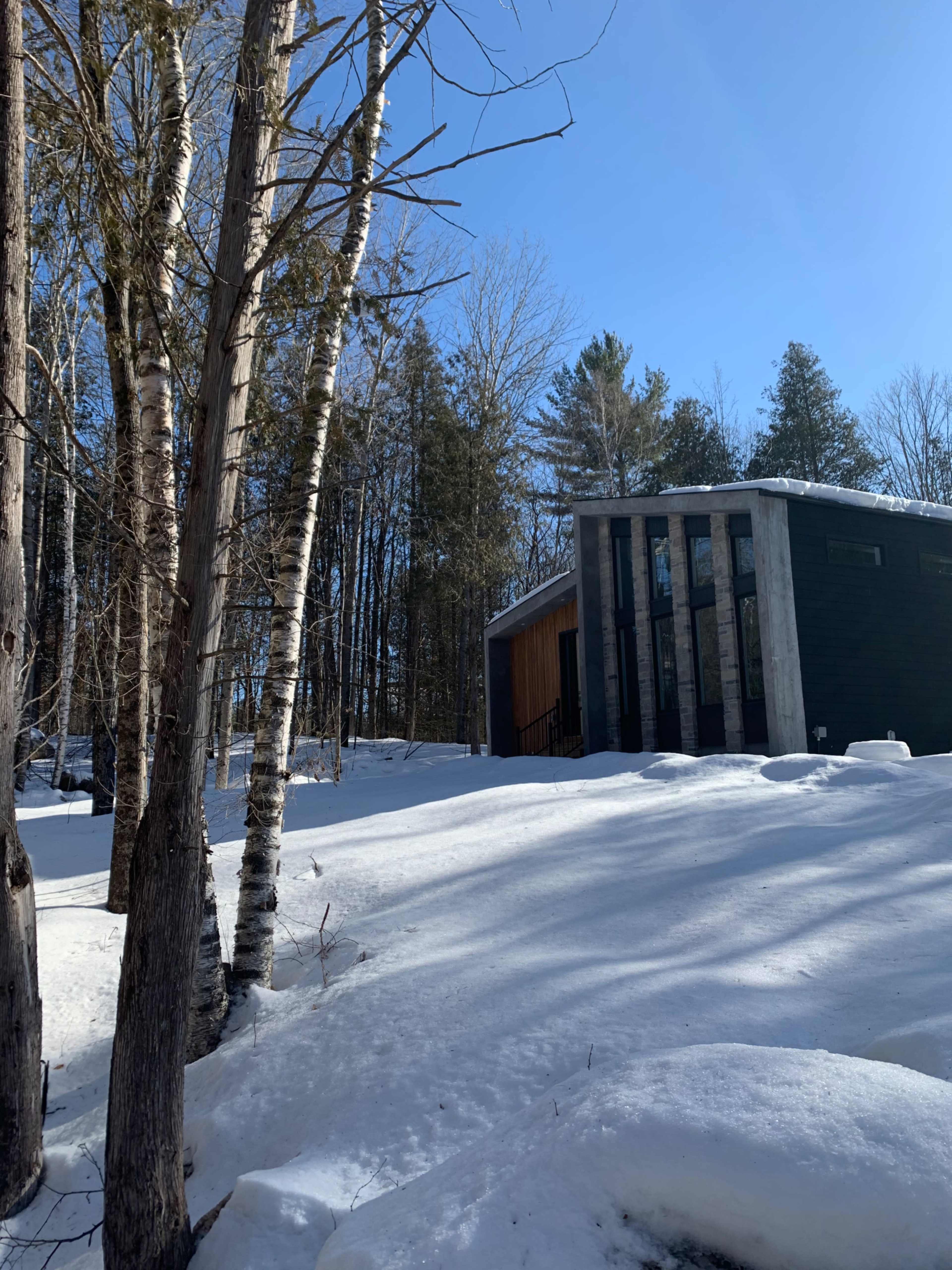 A modern house with a wooden and concrete facade is situated among snow-covered ground and tall trees.