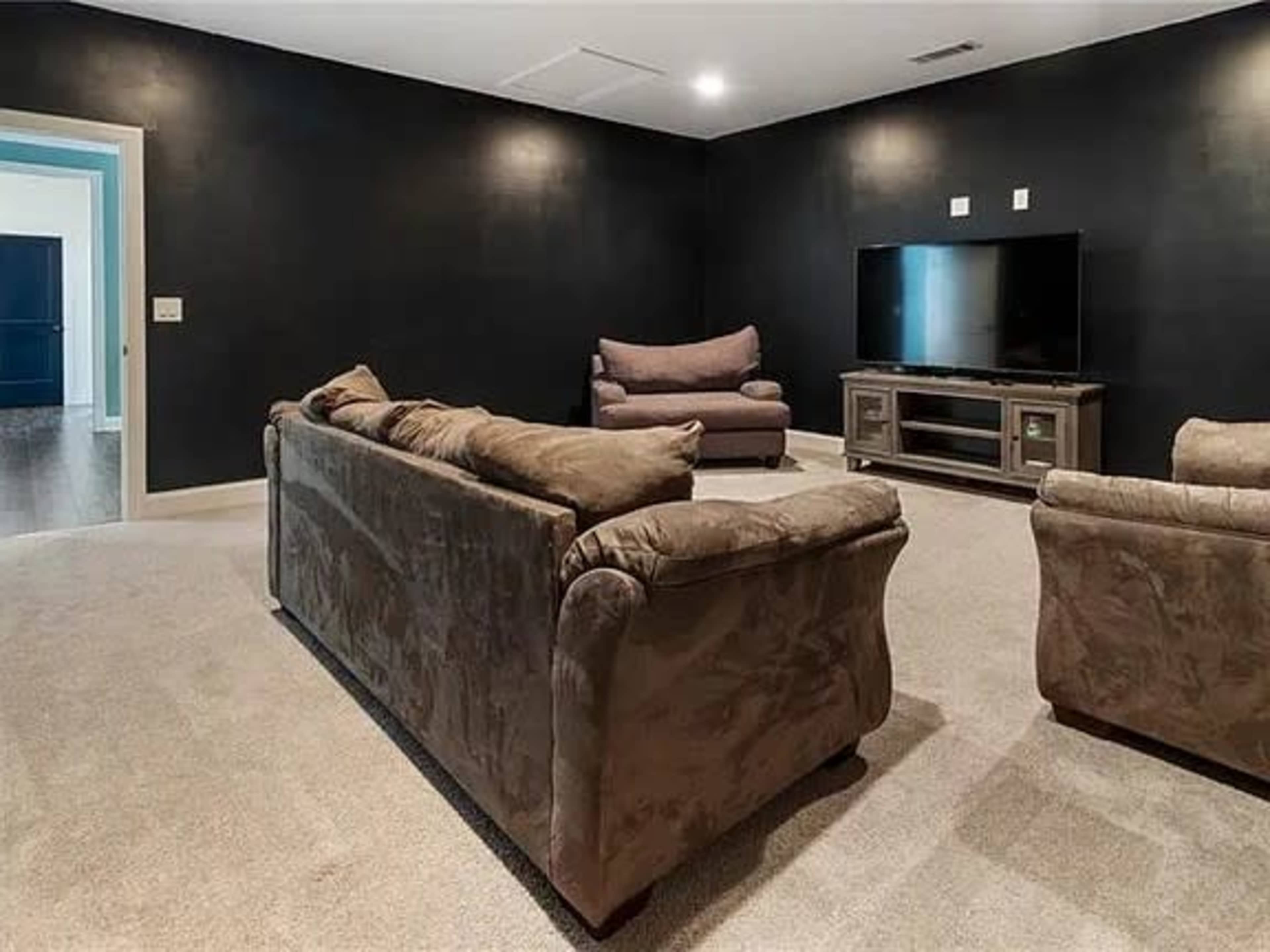 The room features dark walls, a large television mounted on a cabinet, and two brown sofas arranged around a carpeted floor.