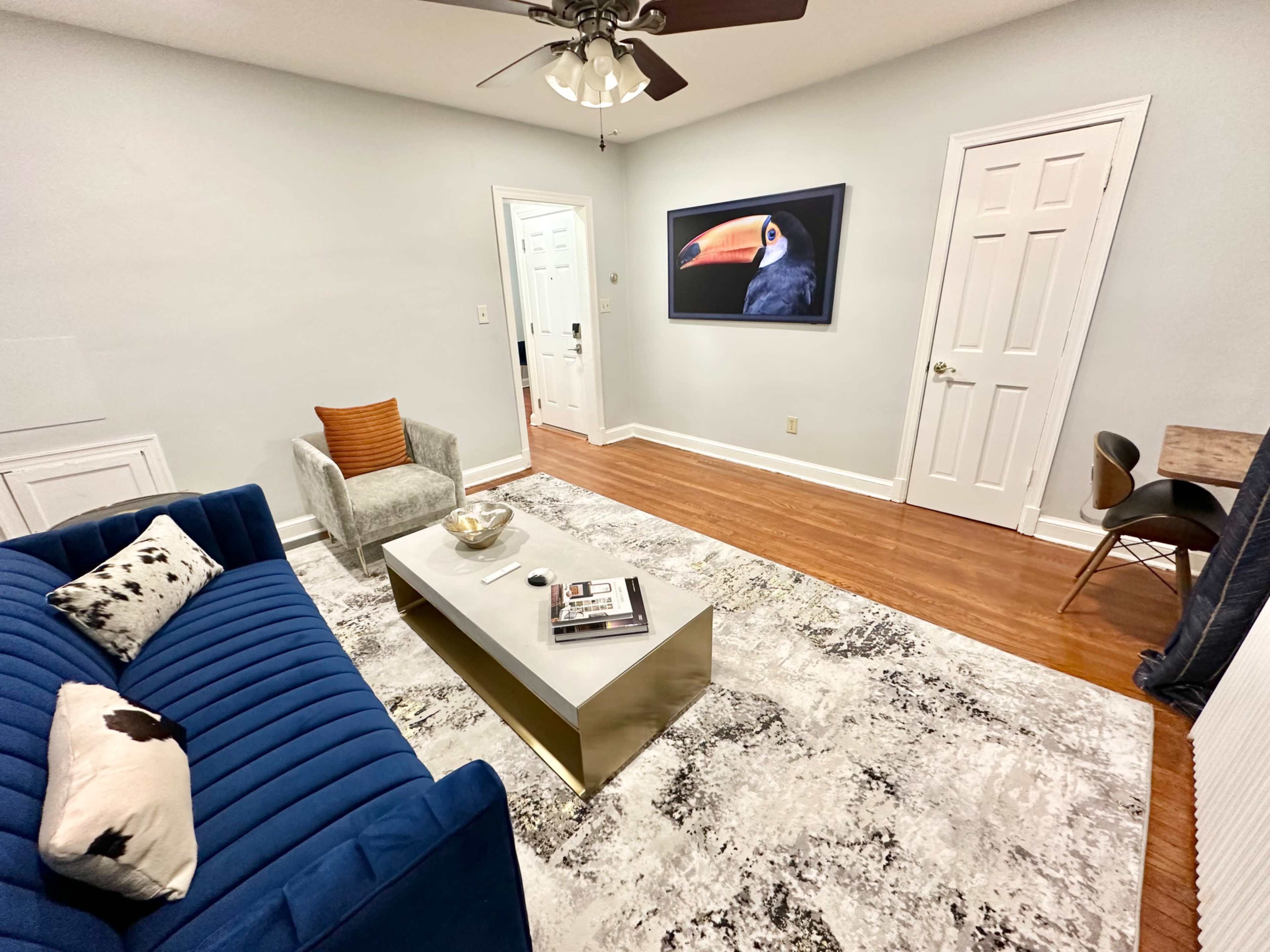 The room features a blue sofa, a coffee table on a patterned rug, and a decorative wall with a framed bird portrait.