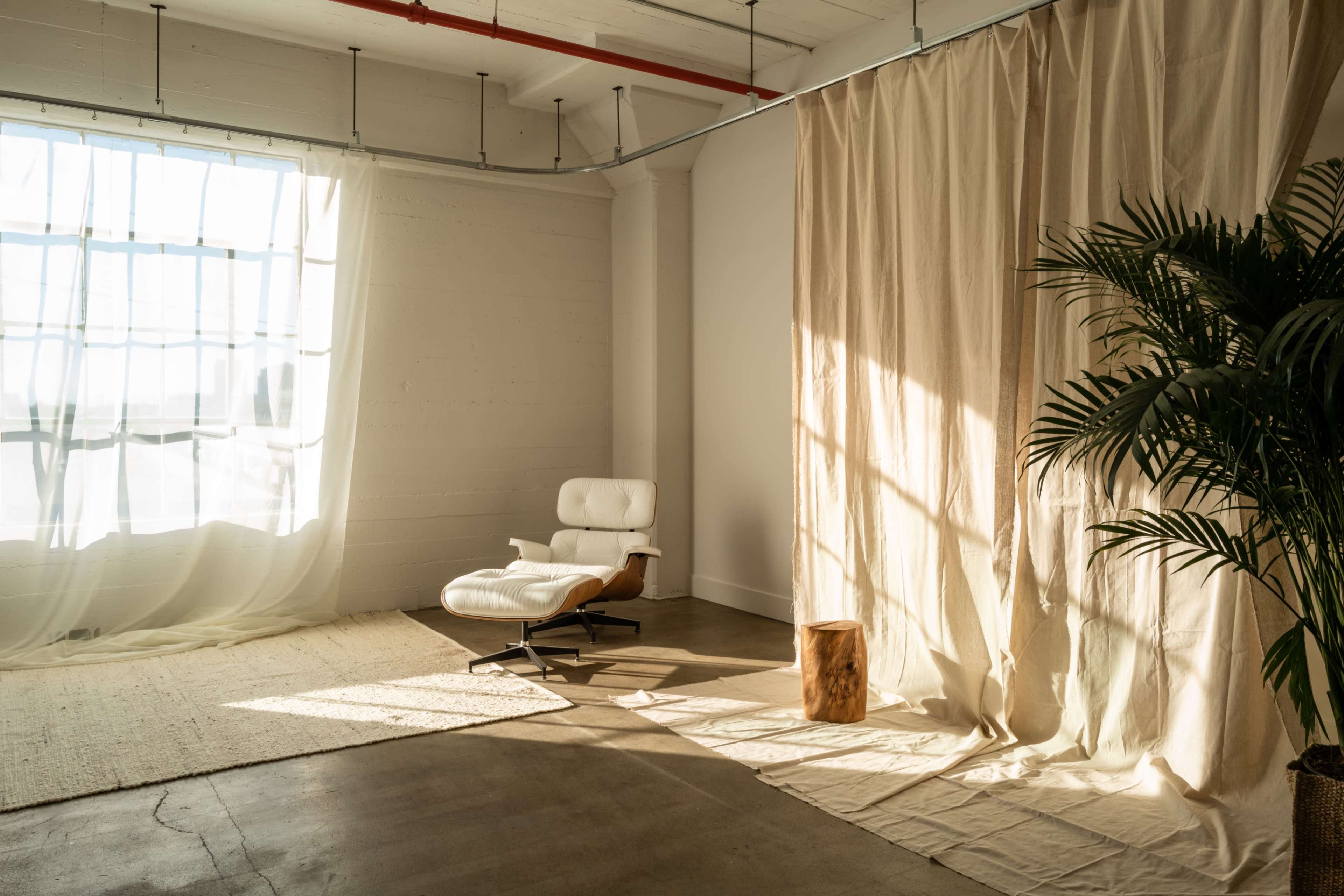 A minimalist interior with a white lounge chair, a potted plant, a window allowing natural light, and draped fabric separating the space.
