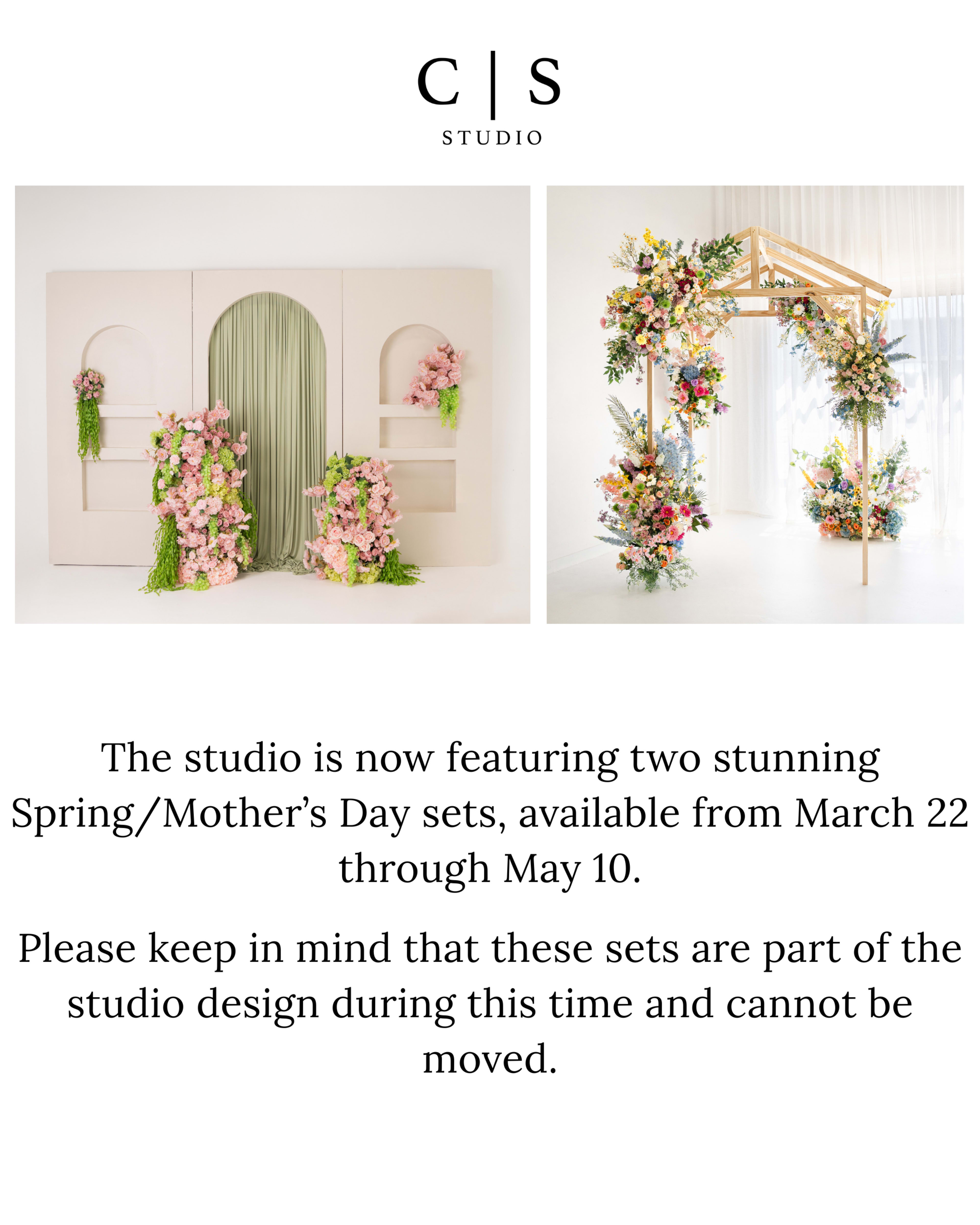 The image displays a promotional announcement for a studio featuring two floral-themed sets designed for Spring and Mother's Day, available from March 22 to May 10.
