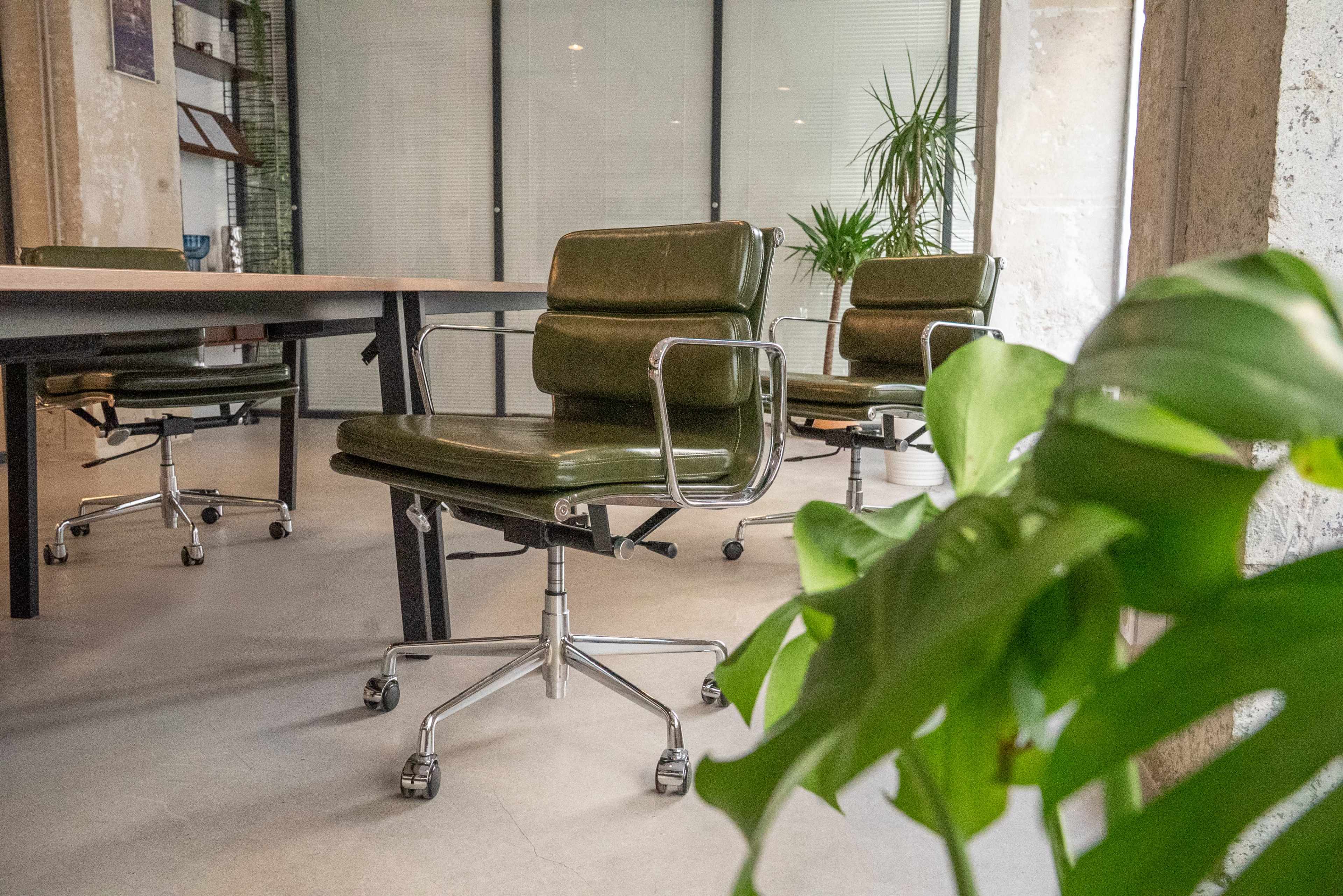 The image shows an office space with a large table, several green office chairs on wheels, and a potted plant in the foreground.