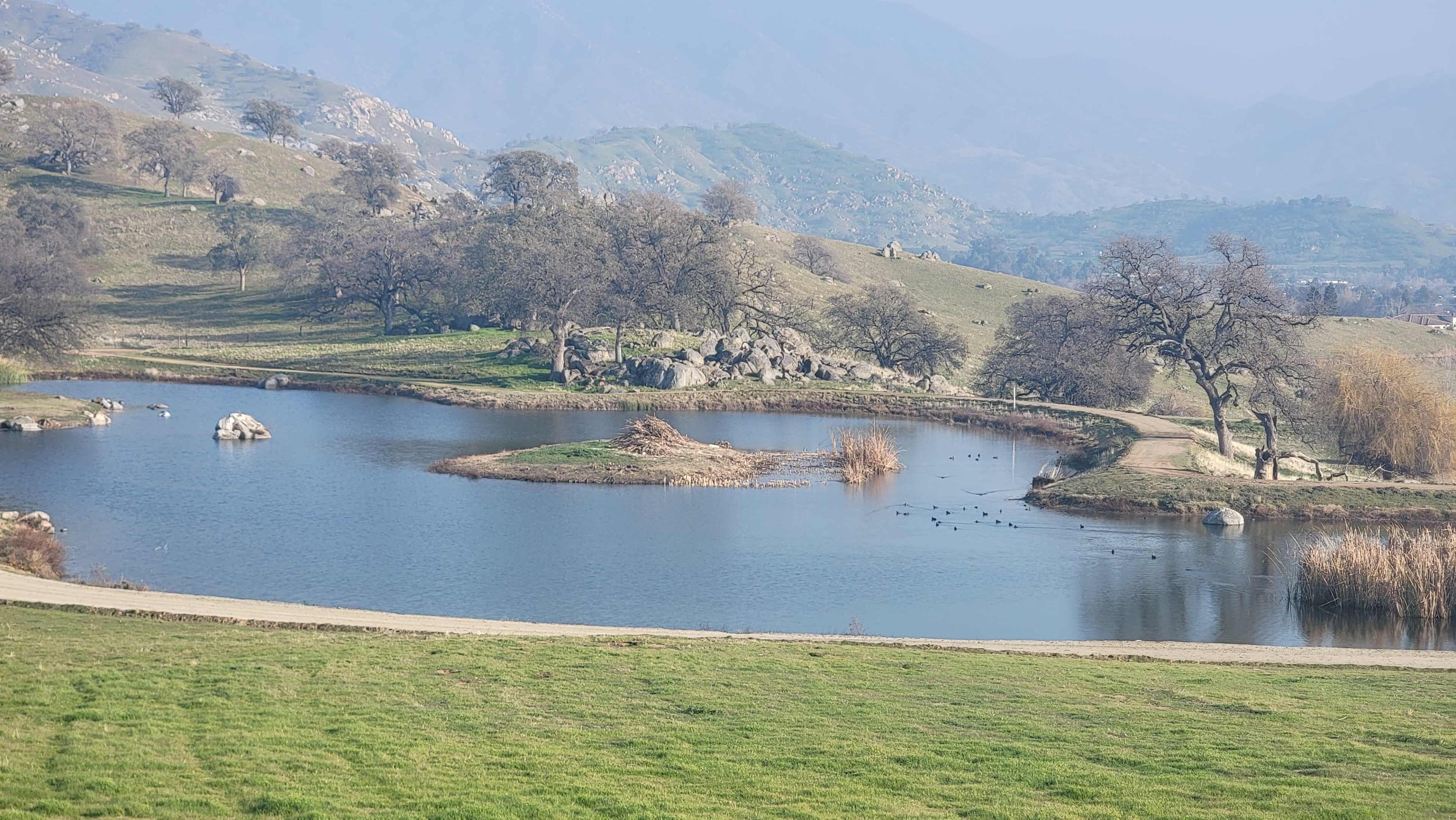 A calm lake is surrounded by rolling hills and sparse trees, with rocky outcrops in the background.