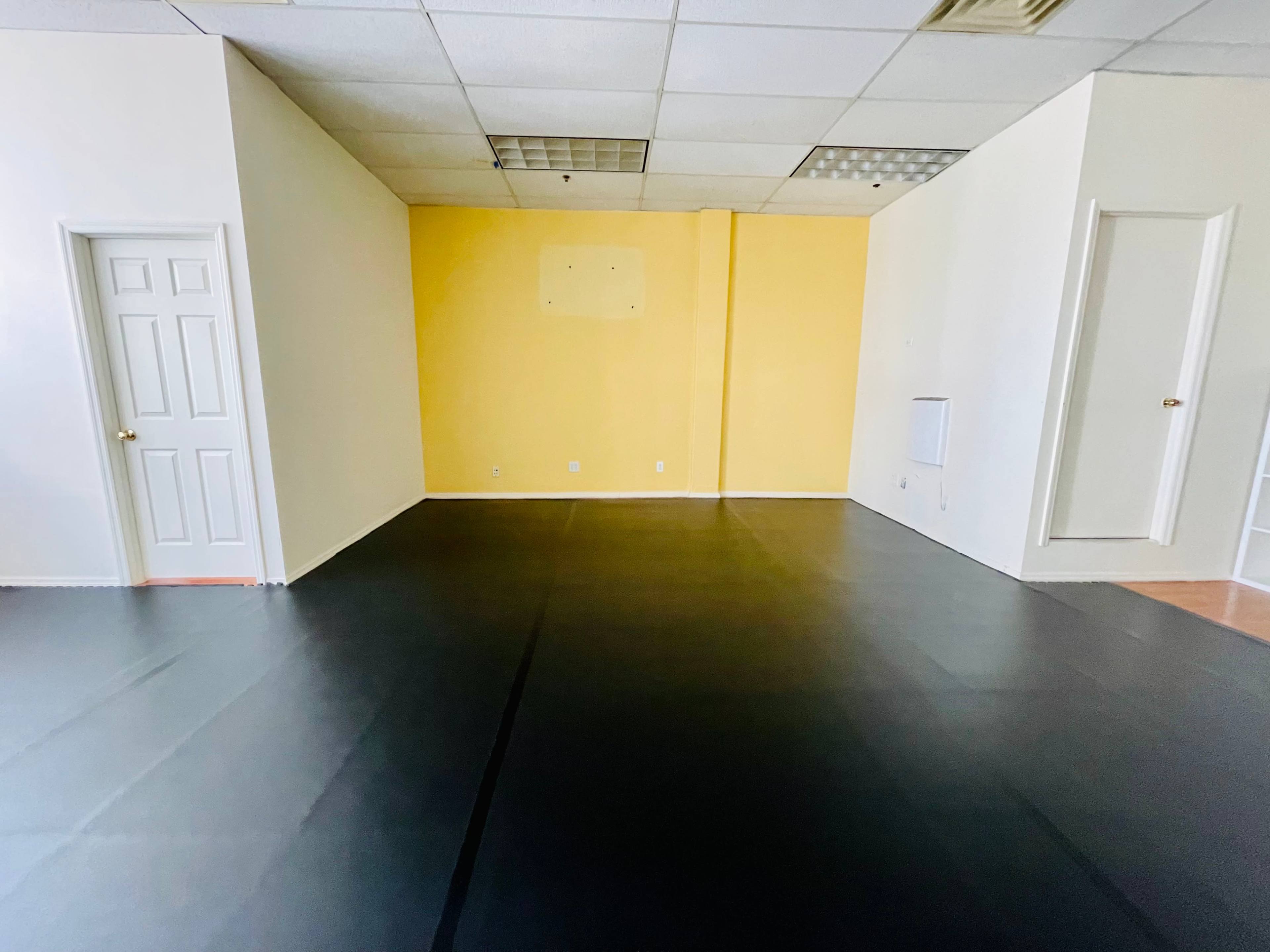 An empty room with black flooring, two doors, and a yellow wall section.