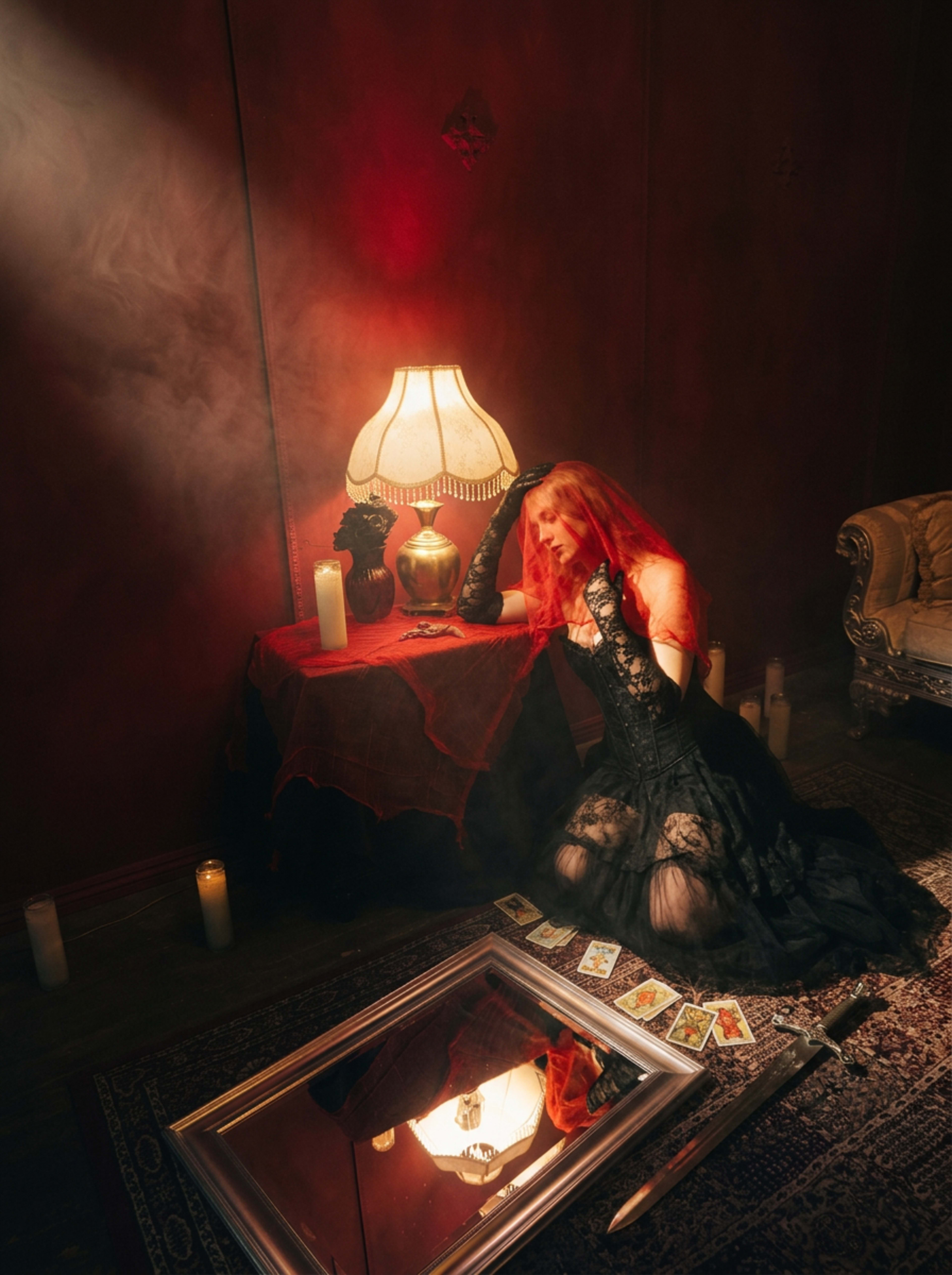 A woman in a black dress kneels beside a table adorned with candles and a tarot card spread, with a mirror reflecting the scene and a lamp casting a warm glow.