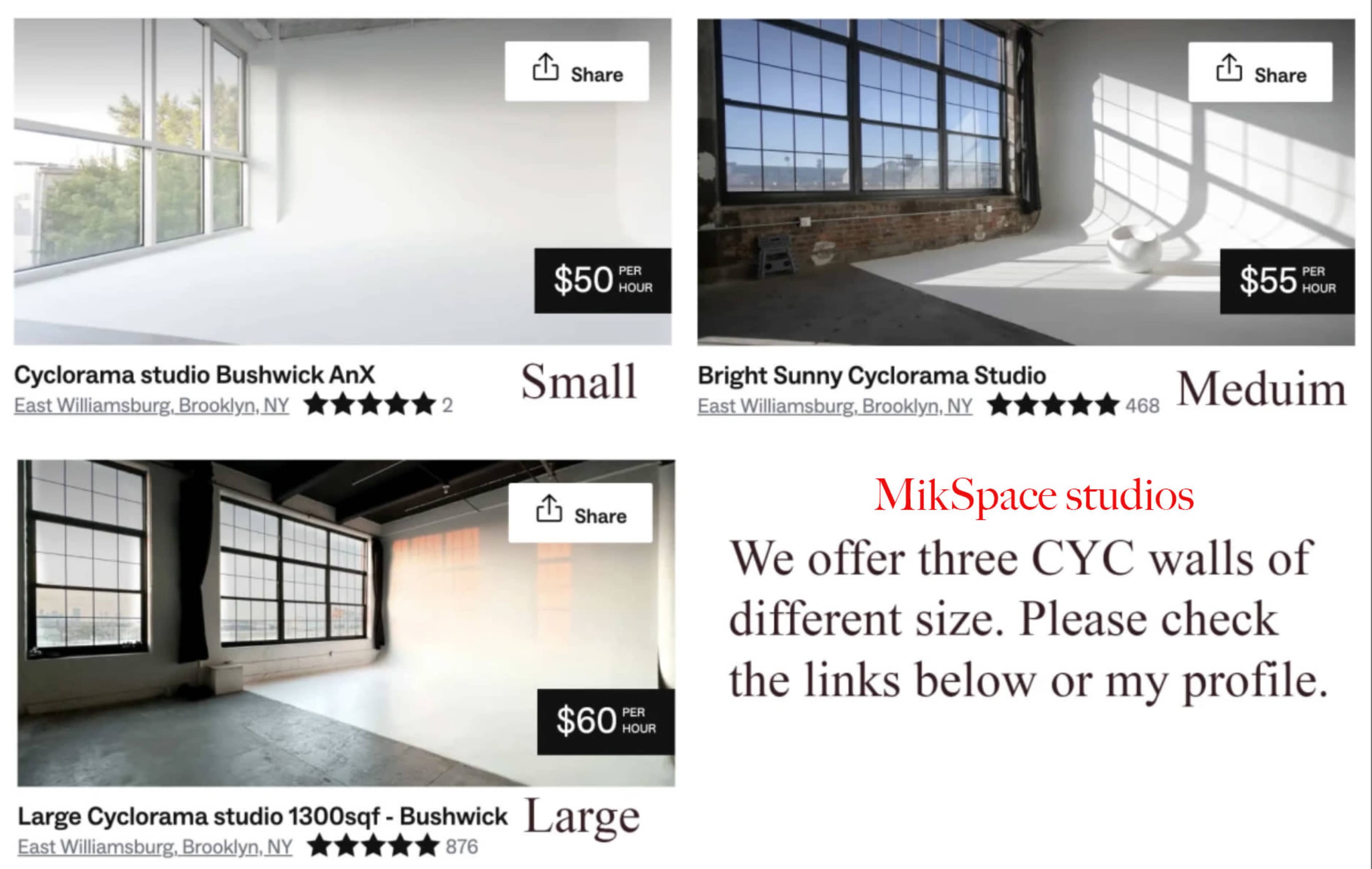 The image showcases three rental studio spaces in Brooklyn, NY, with varying sizes and prices displayed.