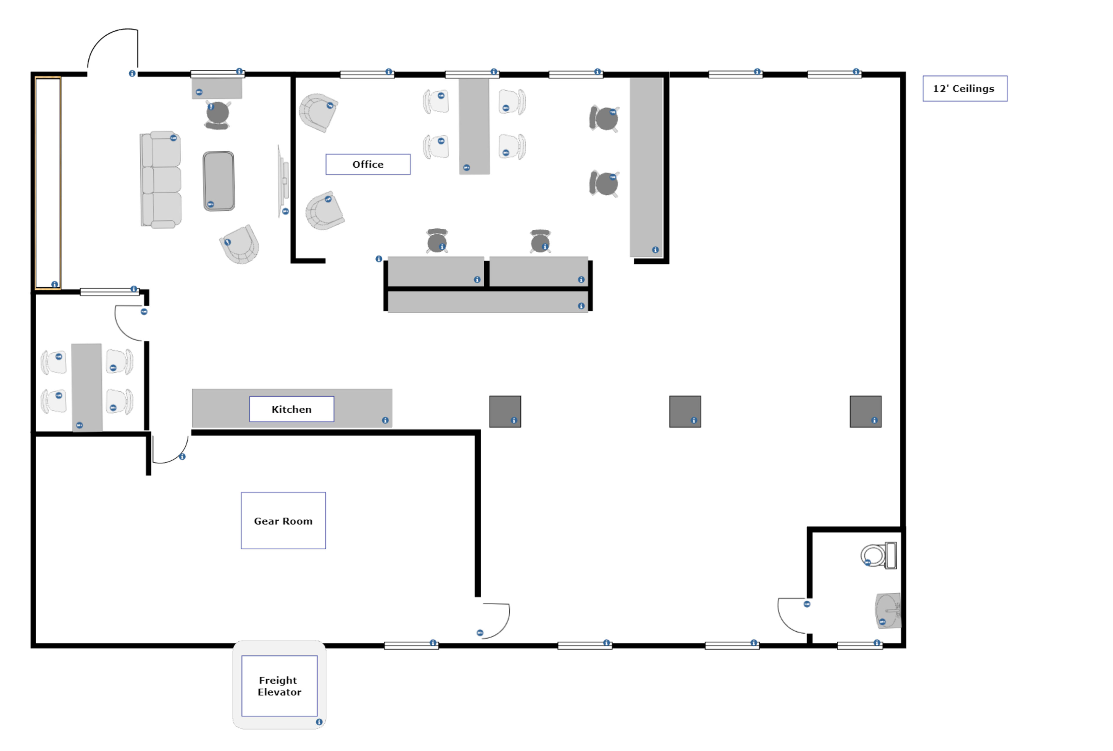 The layout shows a floor plan with designated areas for a kitchen, office, gear room, and a freight elevator, featuring 12-foot ceilings.