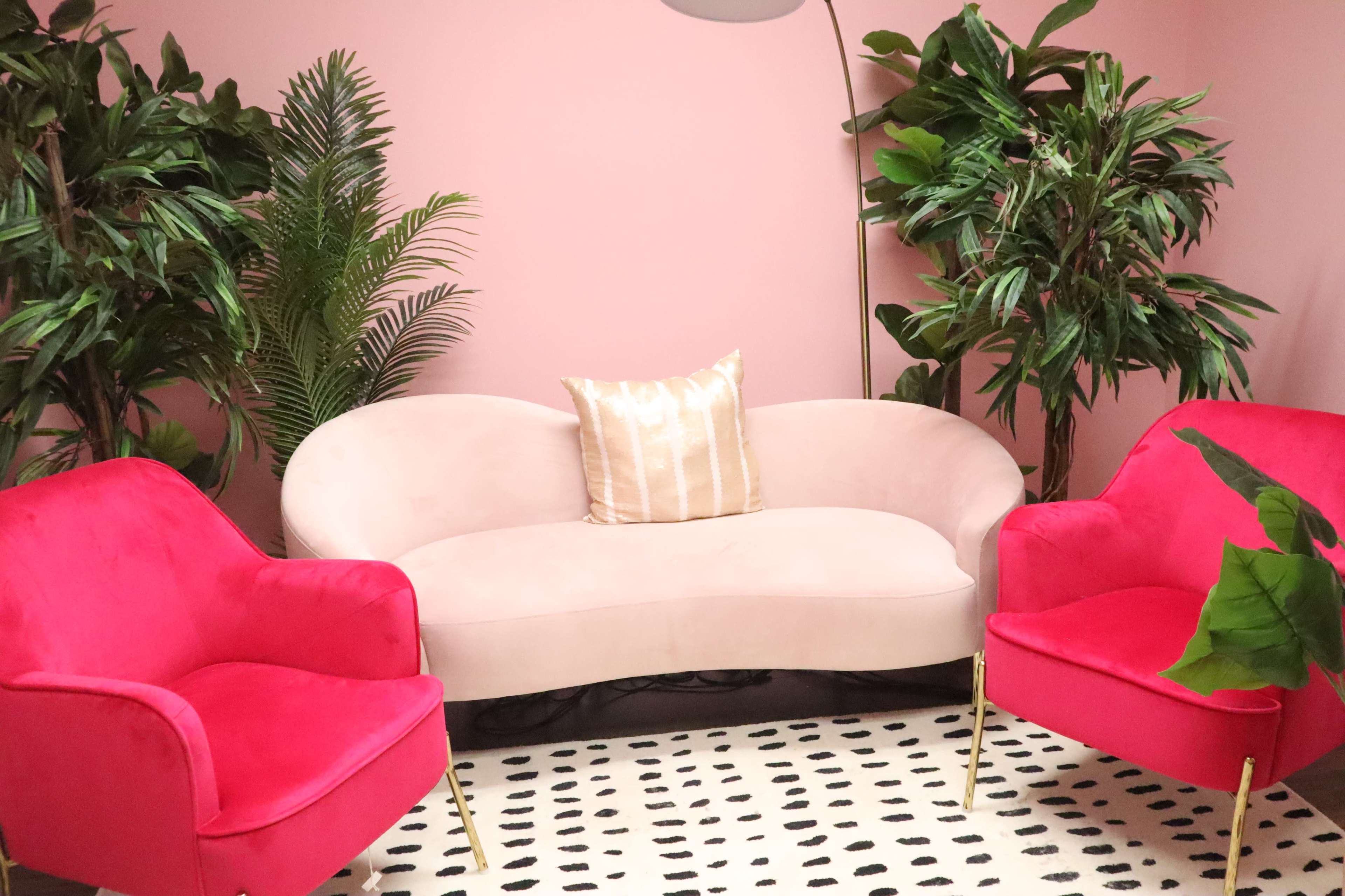 The image shows a pink-walled room with a curved light pink sofa and two bright pink armchairs, surrounded by potted plants and a patterned rug.