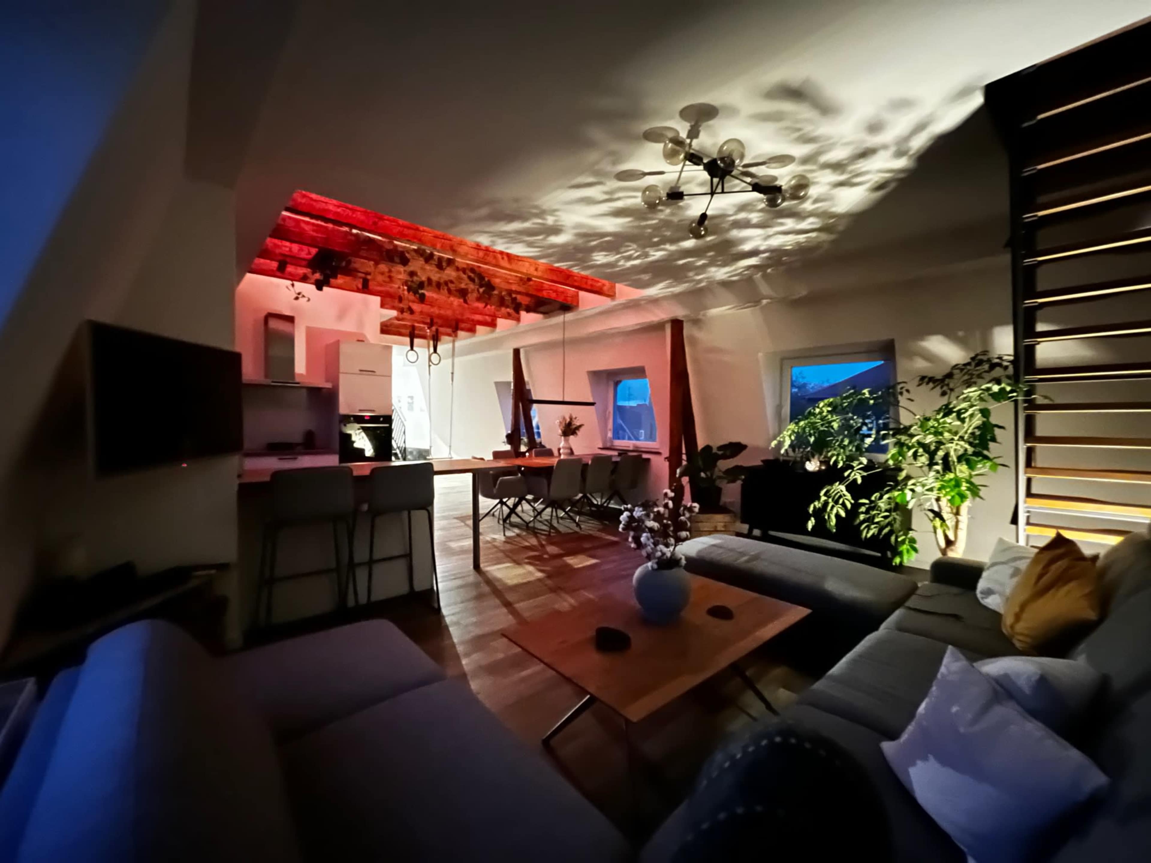 A contemporary living space features a mix of seating areas, a dining table, and a kitchen, with warm lighting illuminating the wooden beams and plants.