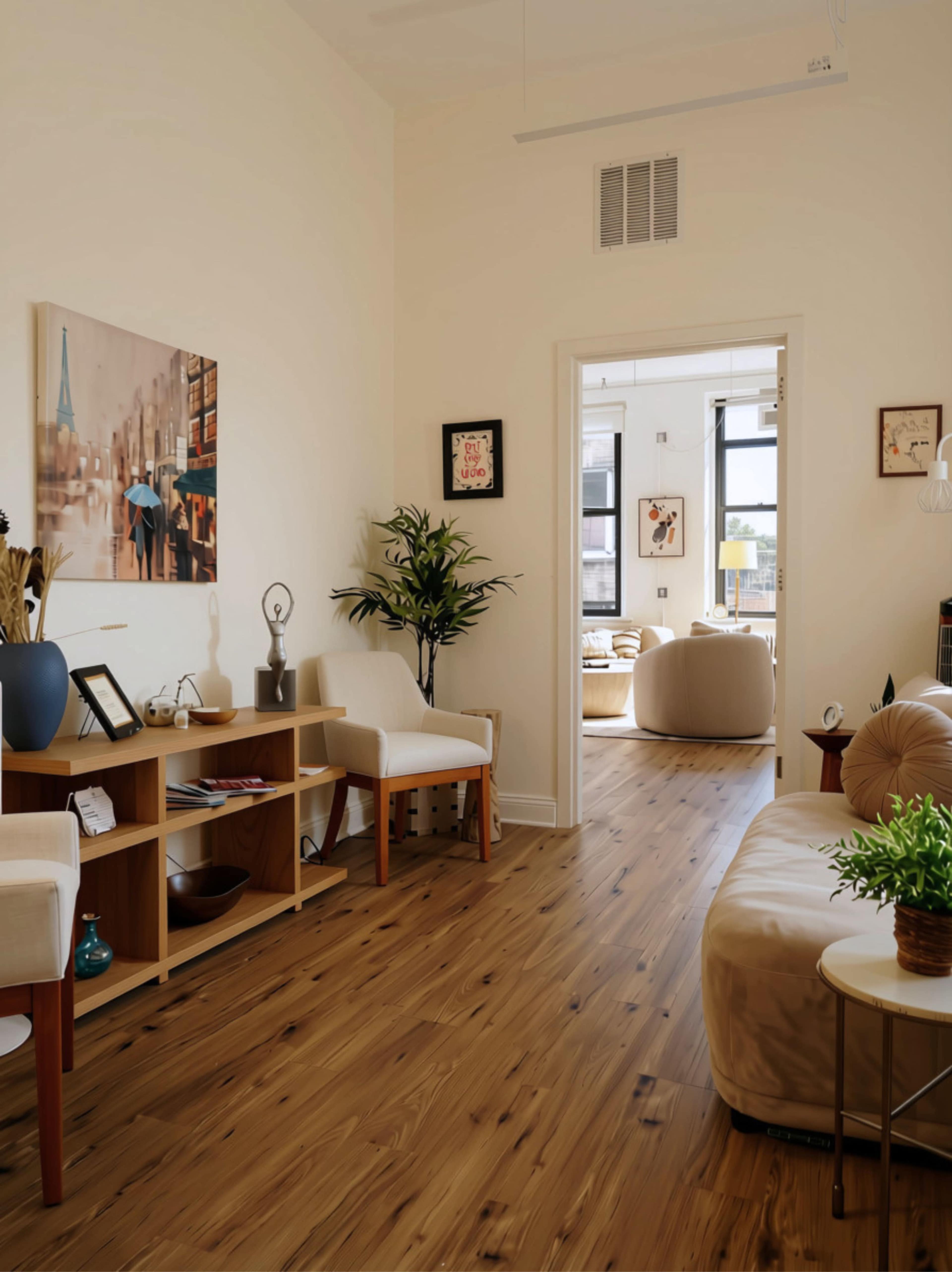 The image shows a spacious, modern living area featuring wooden flooring, a light-colored sectional sofa, and shelves with decorative items, leading to a well-lit room in the background.