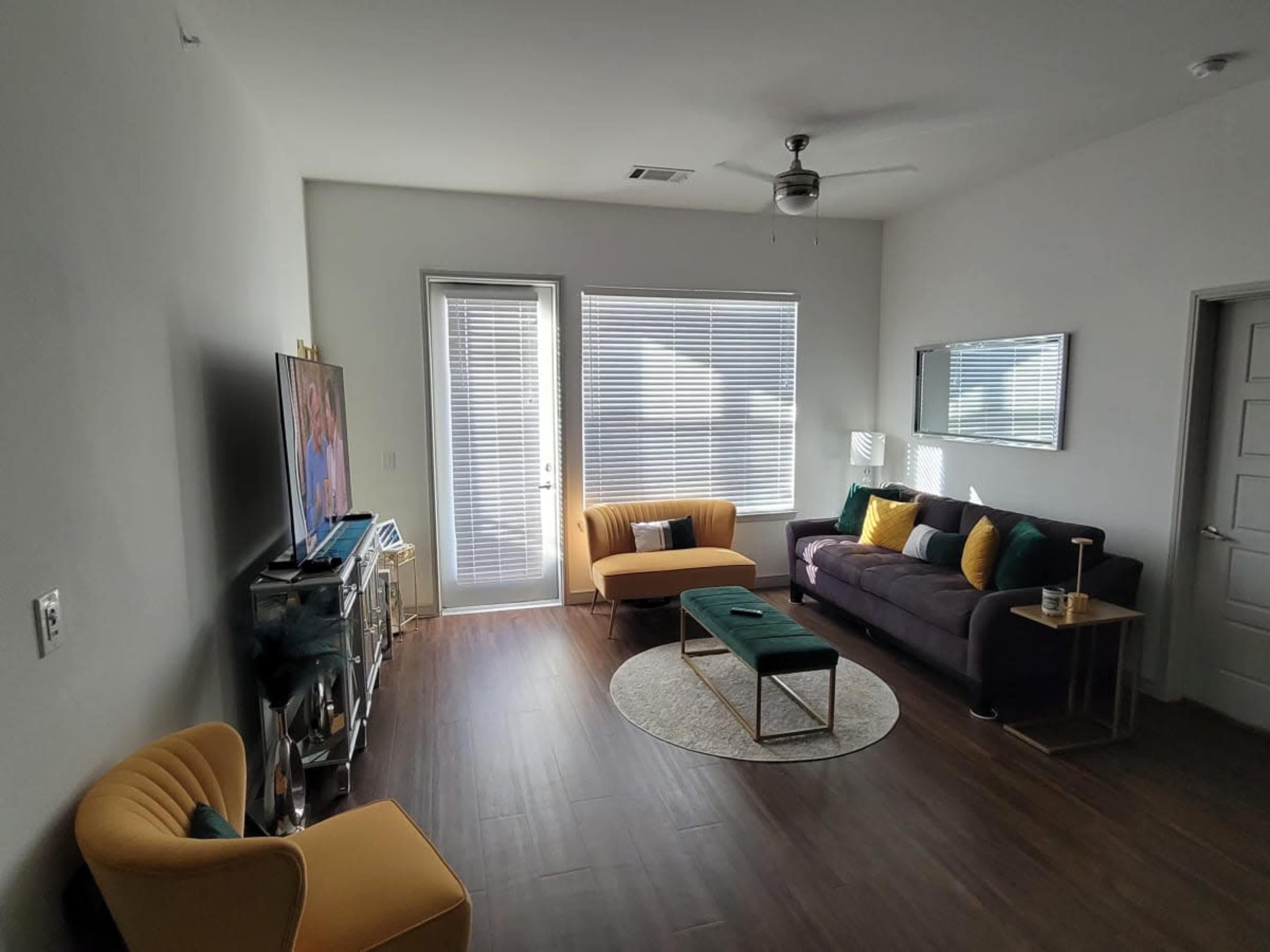 The living room features a modern sofa setup, a TV, a round rug, and large windows with blinds.