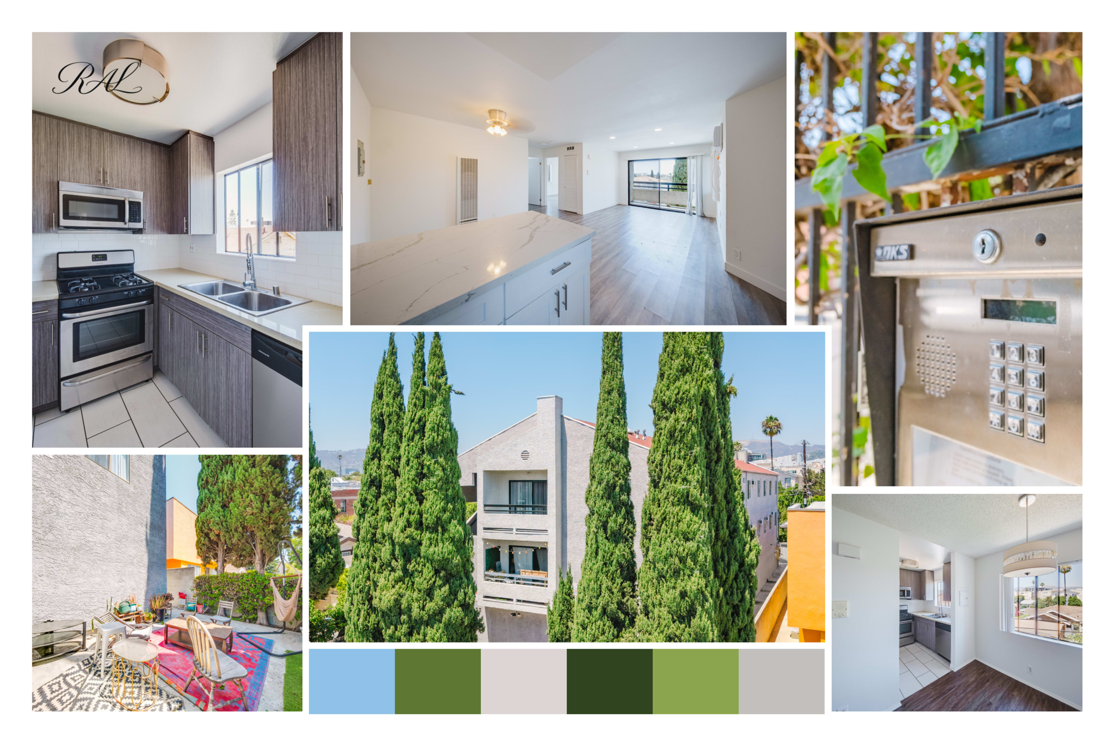 The image showcases a collage of interior and exterior views of a modern residential property, including a kitchen, living area, outdoor space, and entrance.