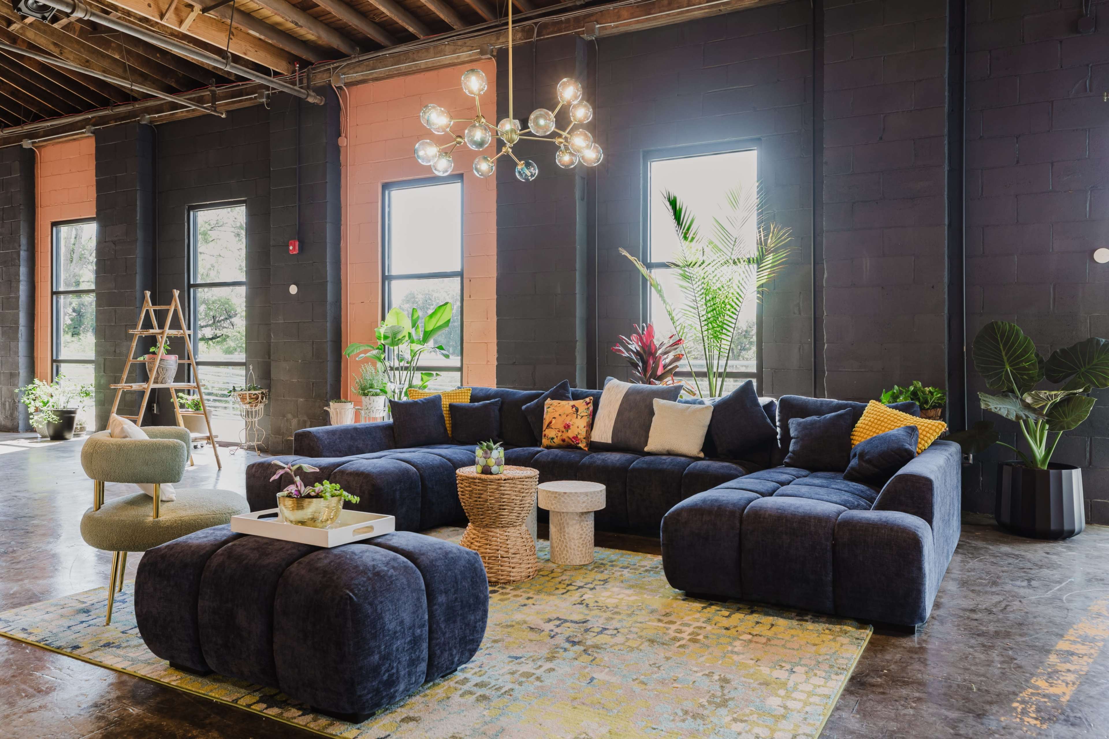 The image shows a modern living room featuring a large dark sectional sofa, a patterned area rug, and various indoor plants beside large windows.