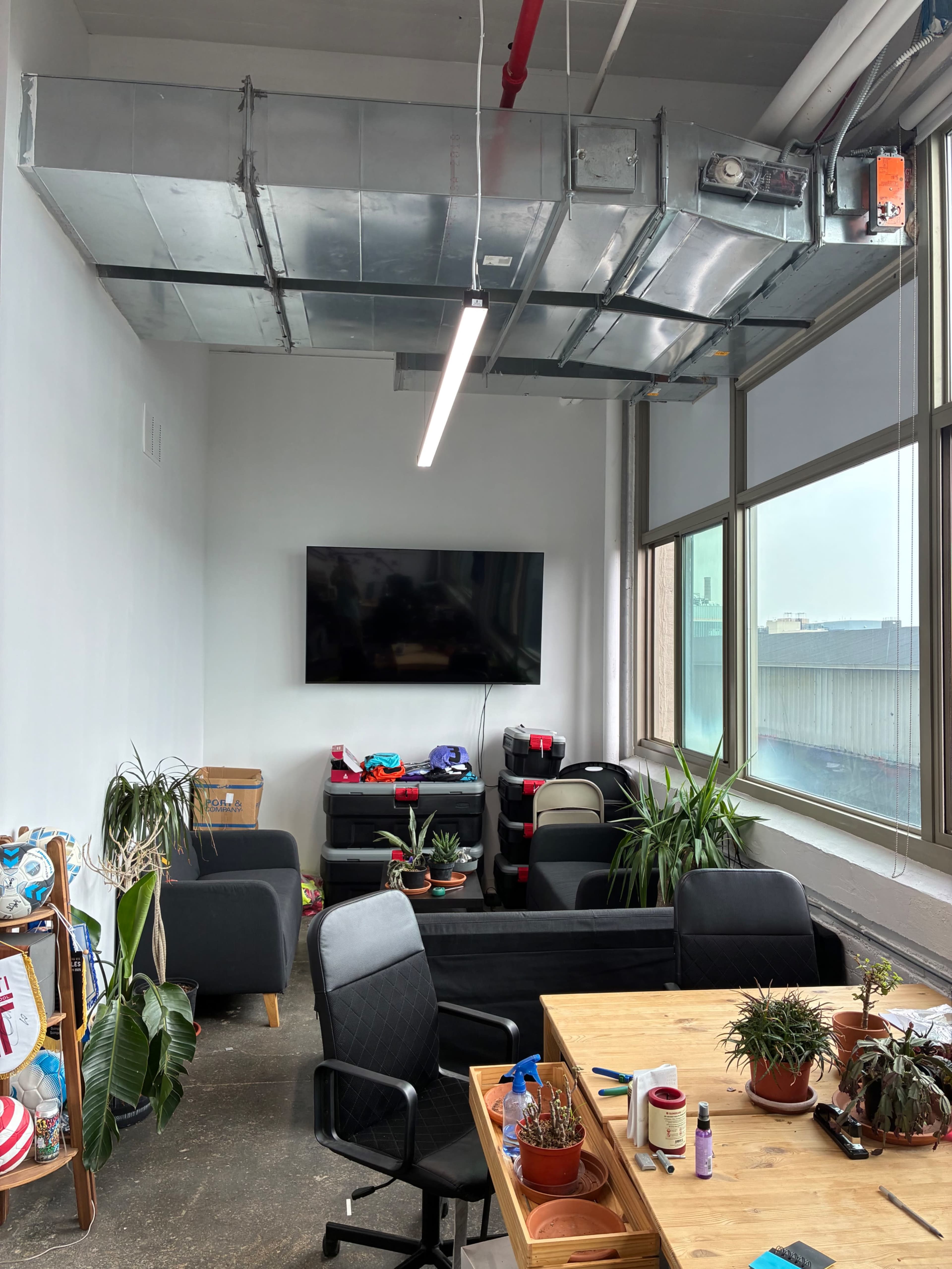 The image shows a modern office space with a large television mounted on the wall, two chairs, several plants, and a wooden table adorned with various items.