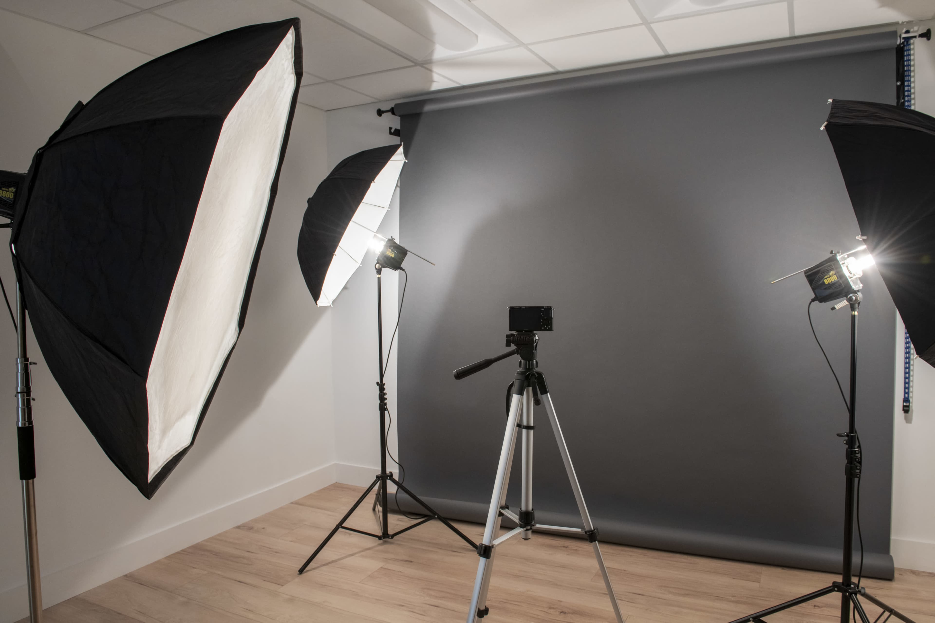 The image shows a photography studio setup with two large softbox lights, a camera on a tripod, and a gray backdrop.