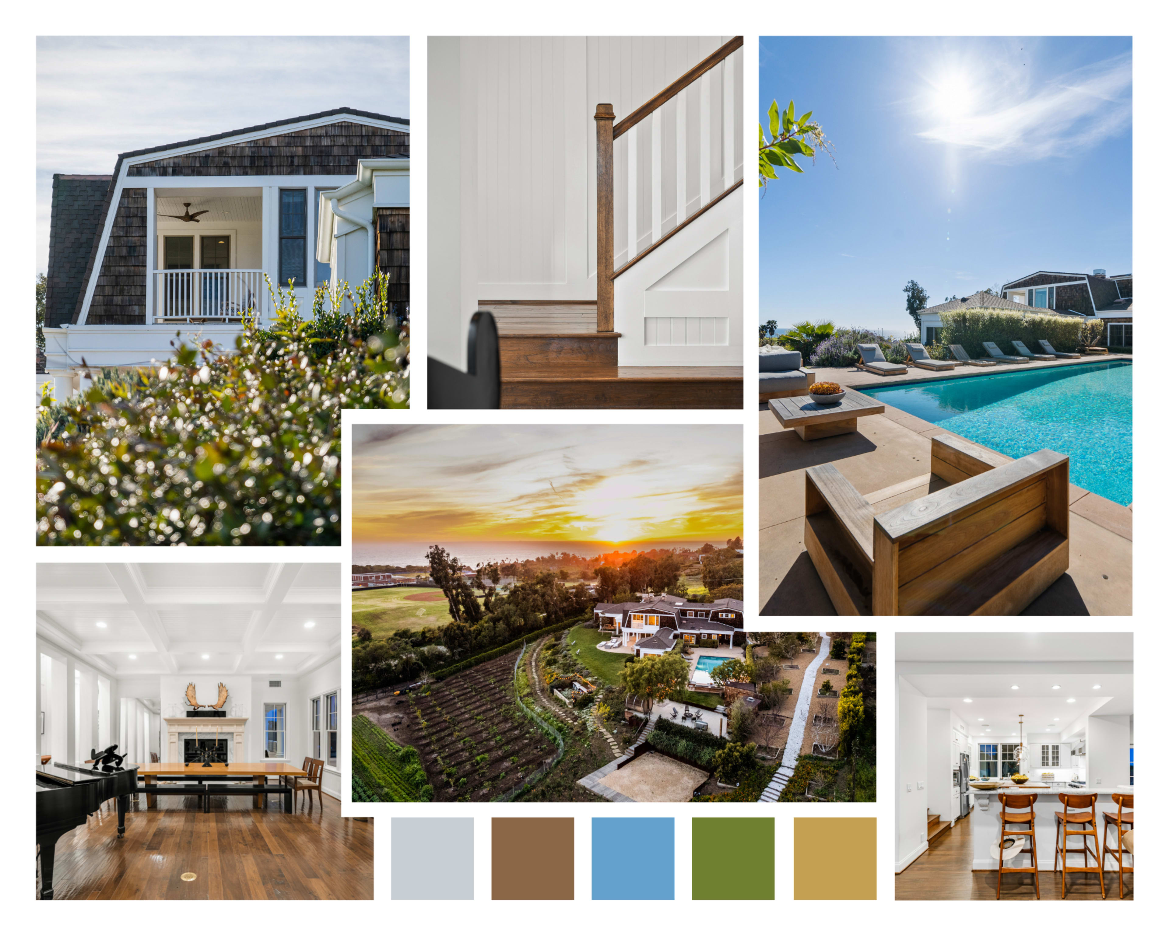 The image features a collage of various scenes showcasing a modern home with a pool, stairway, dining area, and aerial view of landscaped gardens.