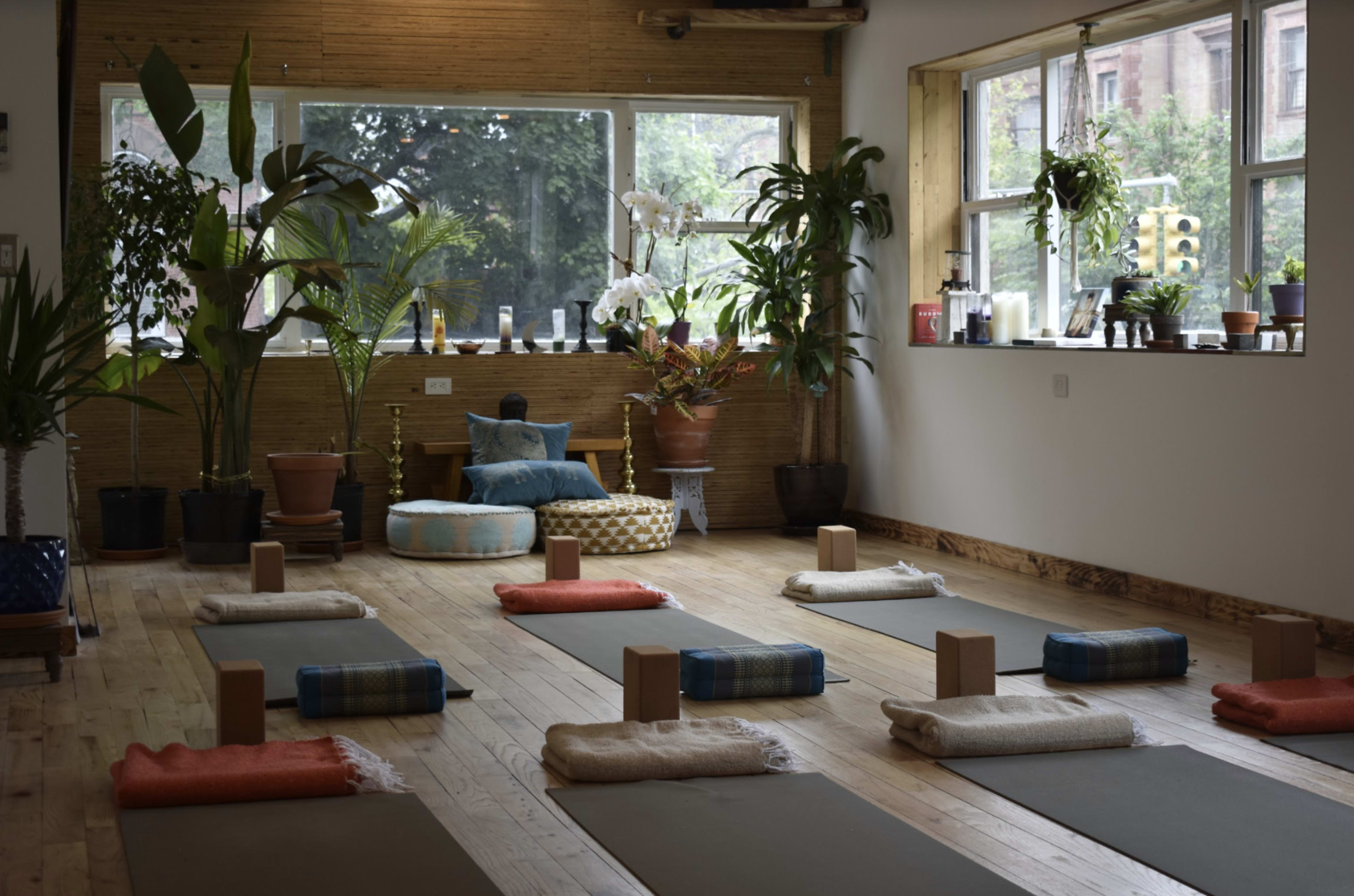 A yoga studio features neatly arranged mats and cushions on the wooden floor, surrounded by plants and natural light from large windows.